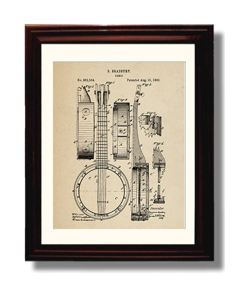 Patent Print - Banjo - Benjamin Bradbury - 1882 - Patent 262564 Patent Wall Art