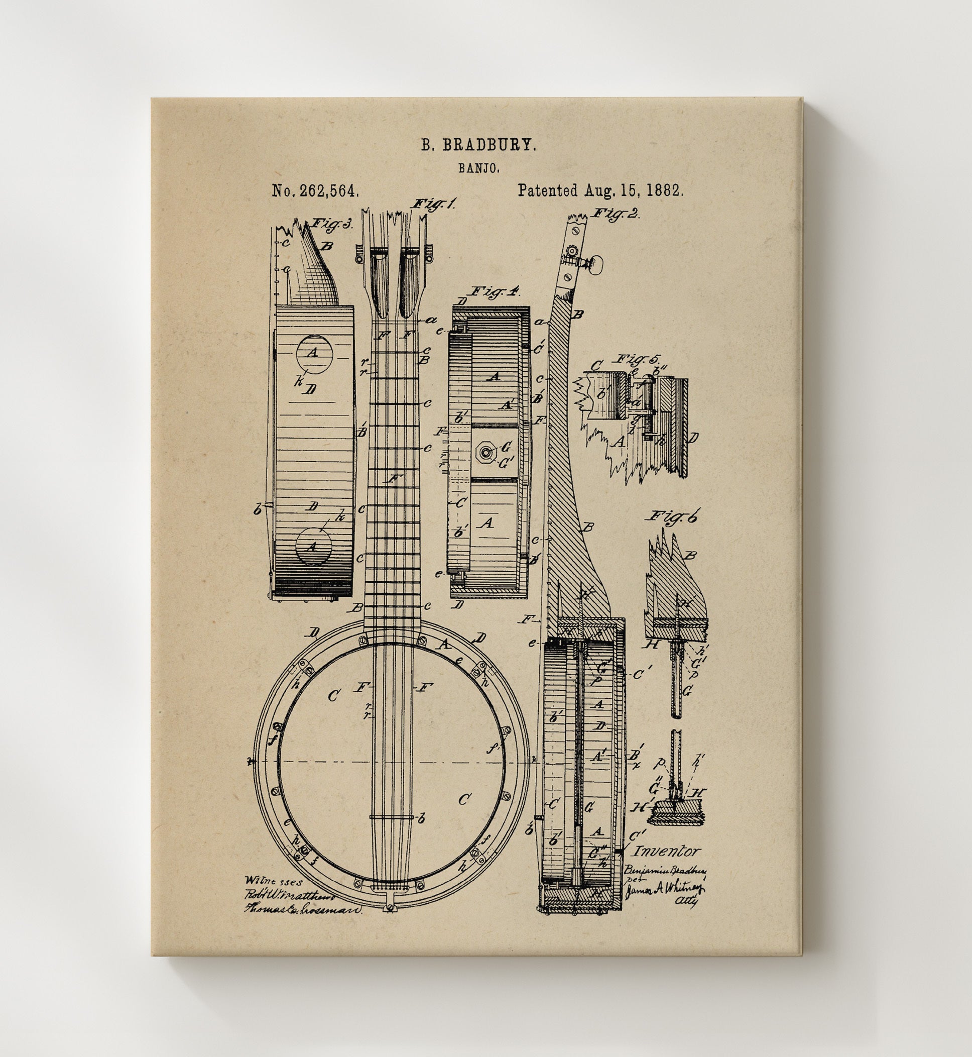 Patent Print - Banjo - Benjamin Bradbury - 1882 - Patent 262564 Patent Wall Art