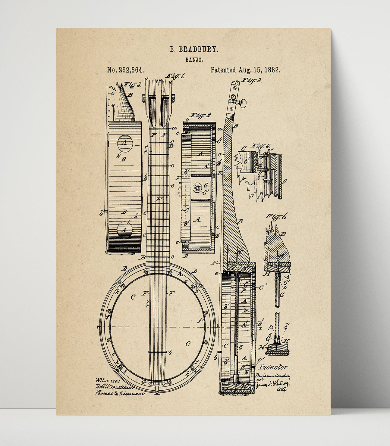 Patent Print - Banjo - Benjamin Bradbury - 1882 - Patent 262564 Patent Wall Art