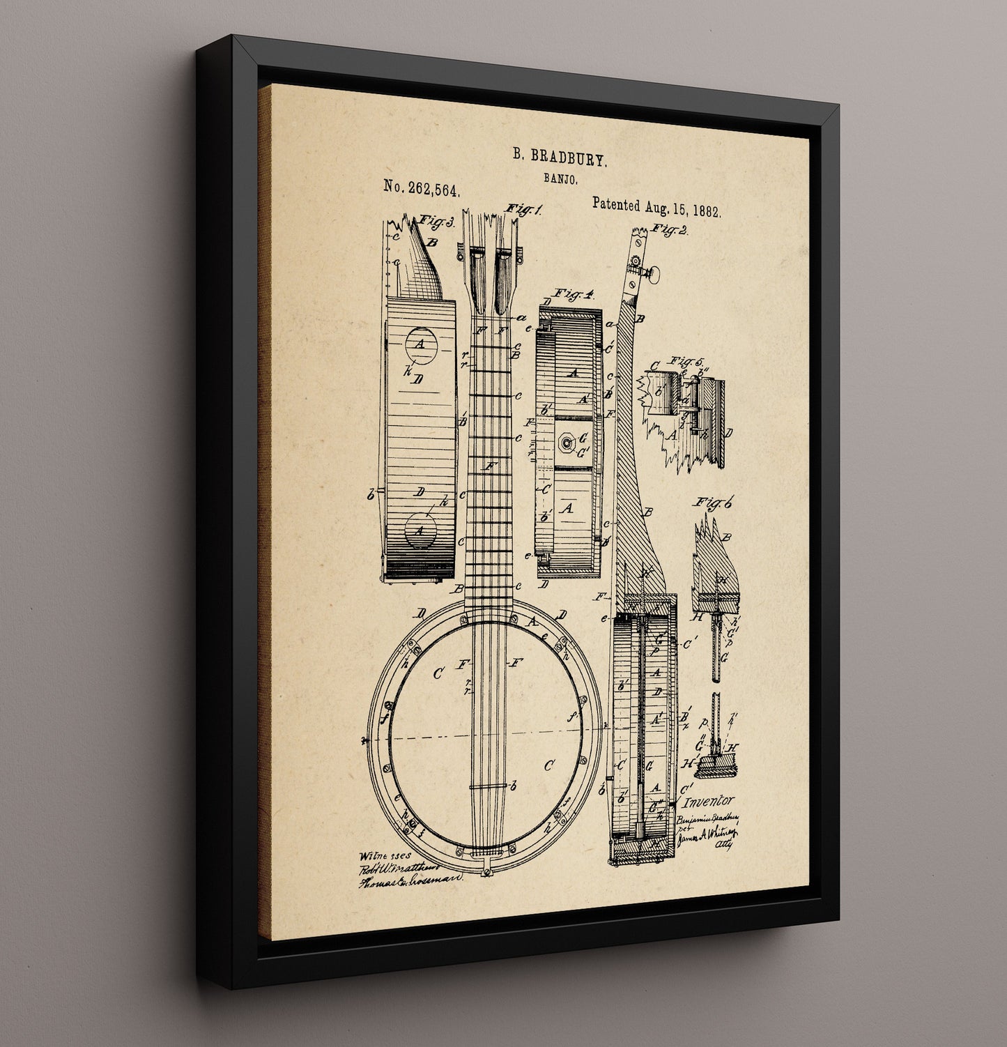 Patent Print - Banjo - Benjamin Bradbury - 1882 - Patent 262564 Patent Wall Art