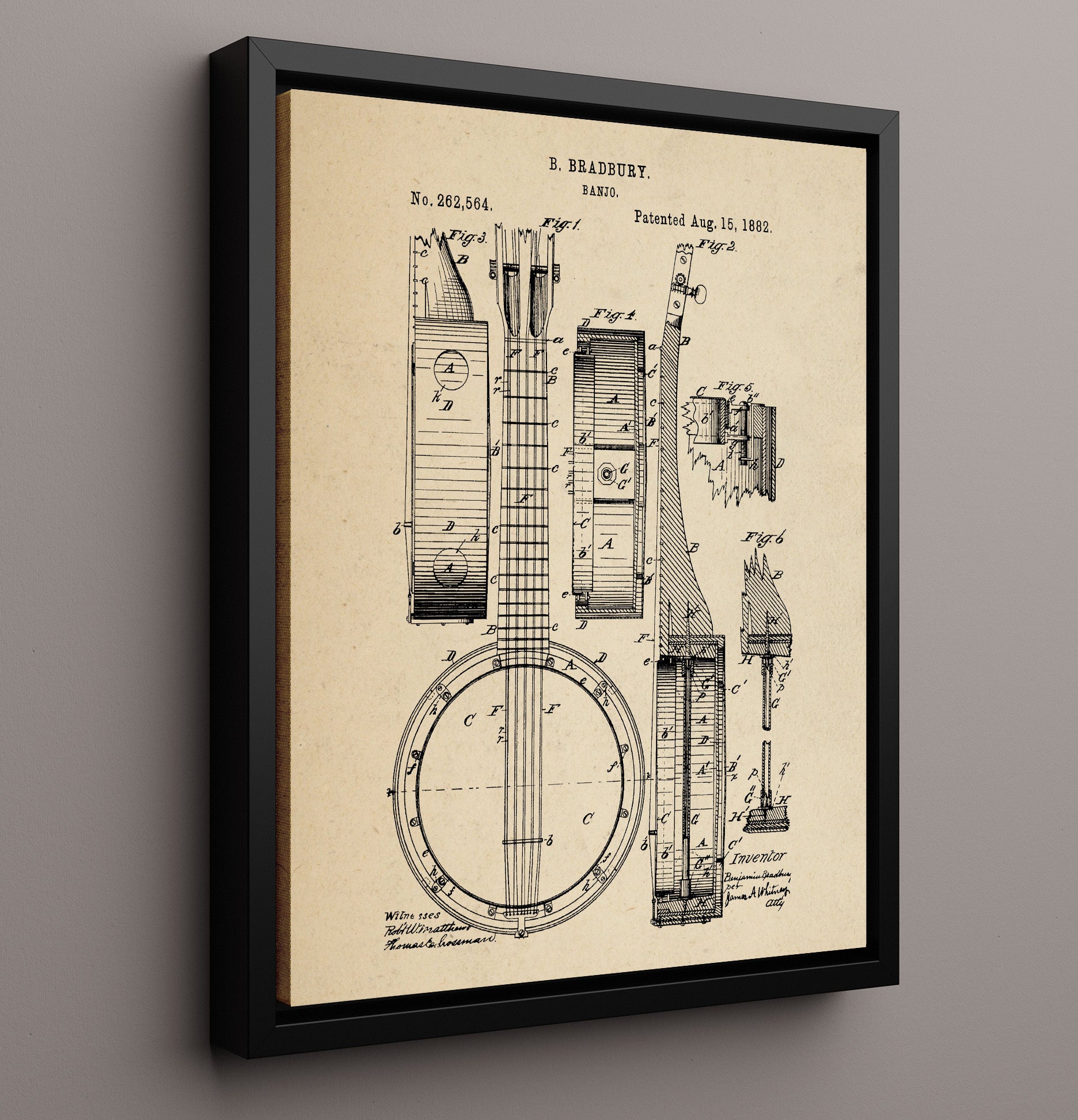 Patent Print - Banjo - Benjamin Bradbury - 1882 - Patent 262564 Patent Wall Art