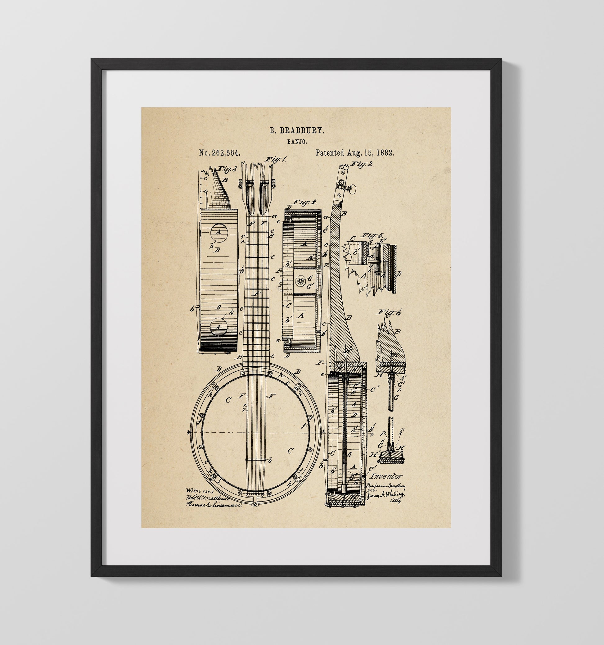 Patent Print - Banjo - Benjamin Bradbury - 1882 - Patent 262564 Patent Wall Art