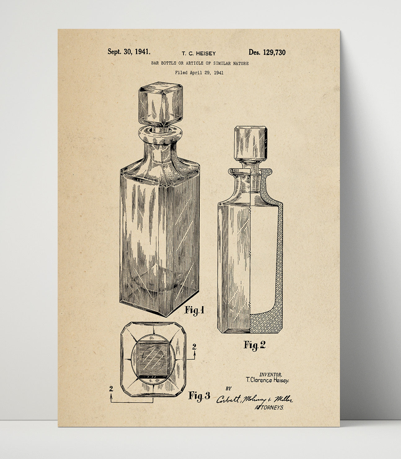 Patent Print - Bar Bottle Or Article Of Similar Nature - T.C. Heisey - 1941 - Patent D129730 Patent Wall Art