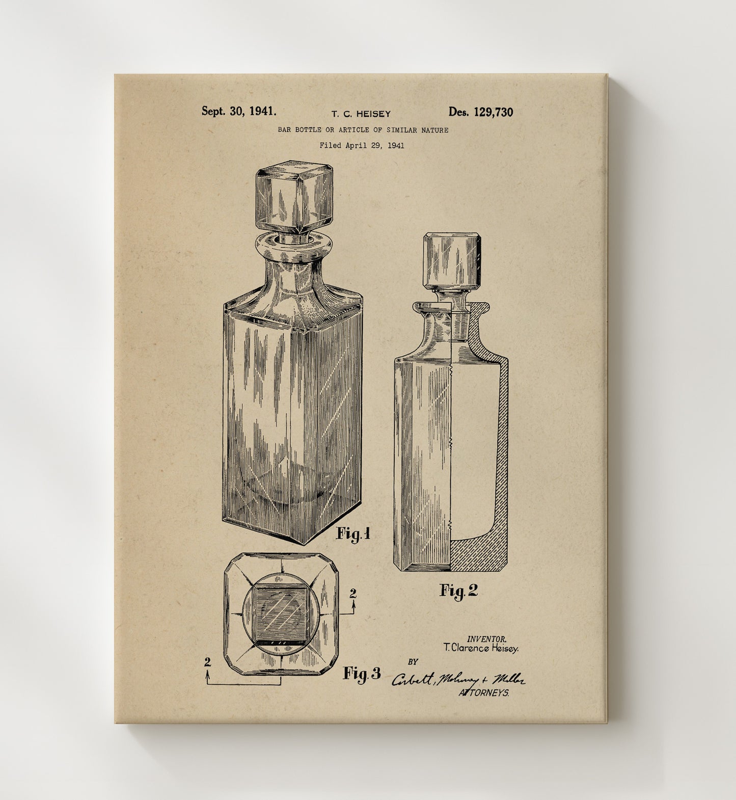Patent Print - Bar Bottle Or Article Of Similar Nature - T.C. Heisey - 1941 - Patent D129730 Patent Wall Art