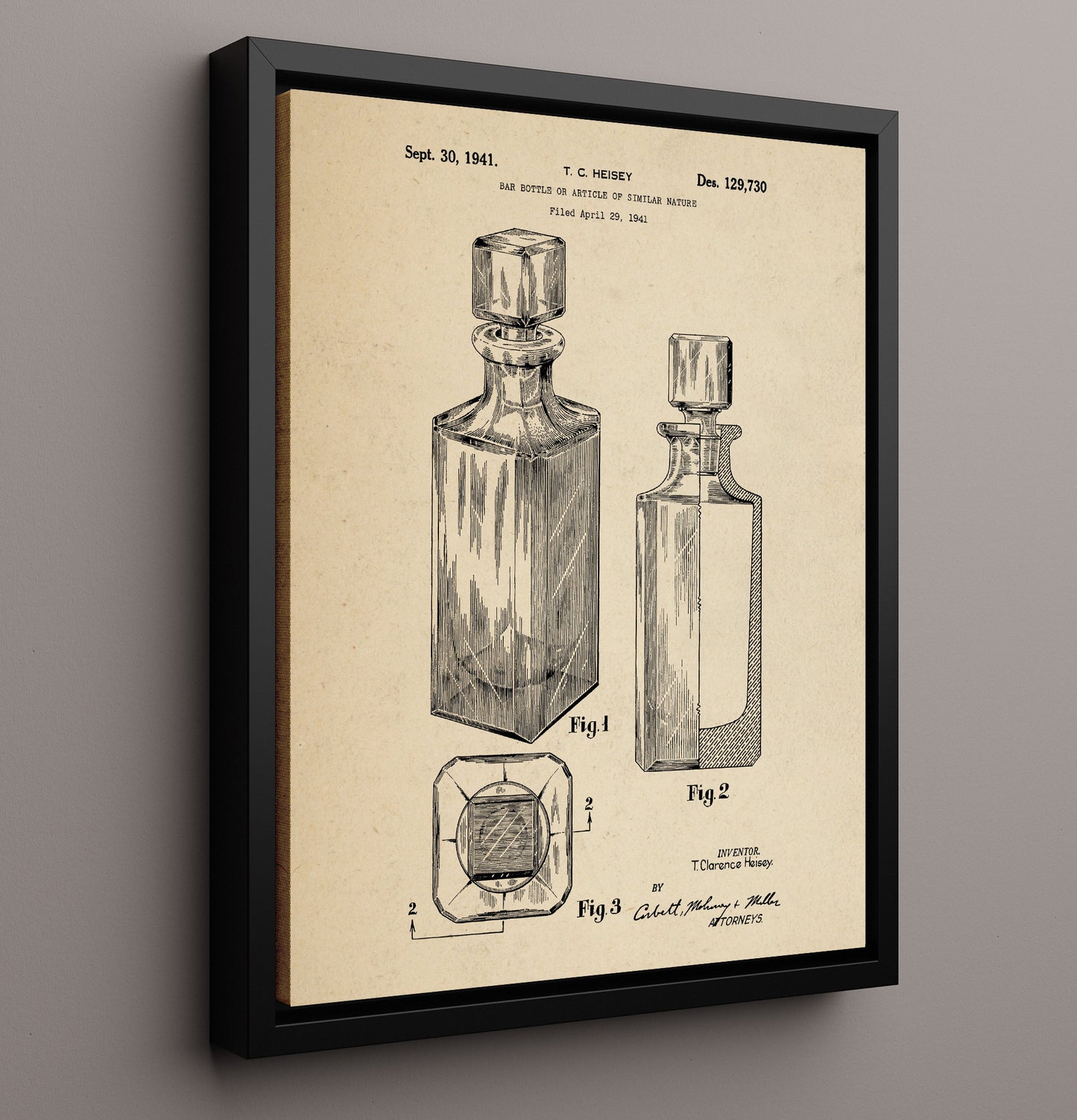 Patent Print - Bar Bottle Or Article Of Similar Nature - T.C. Heisey - 1941 - Patent D129730 Patent Wall Art
