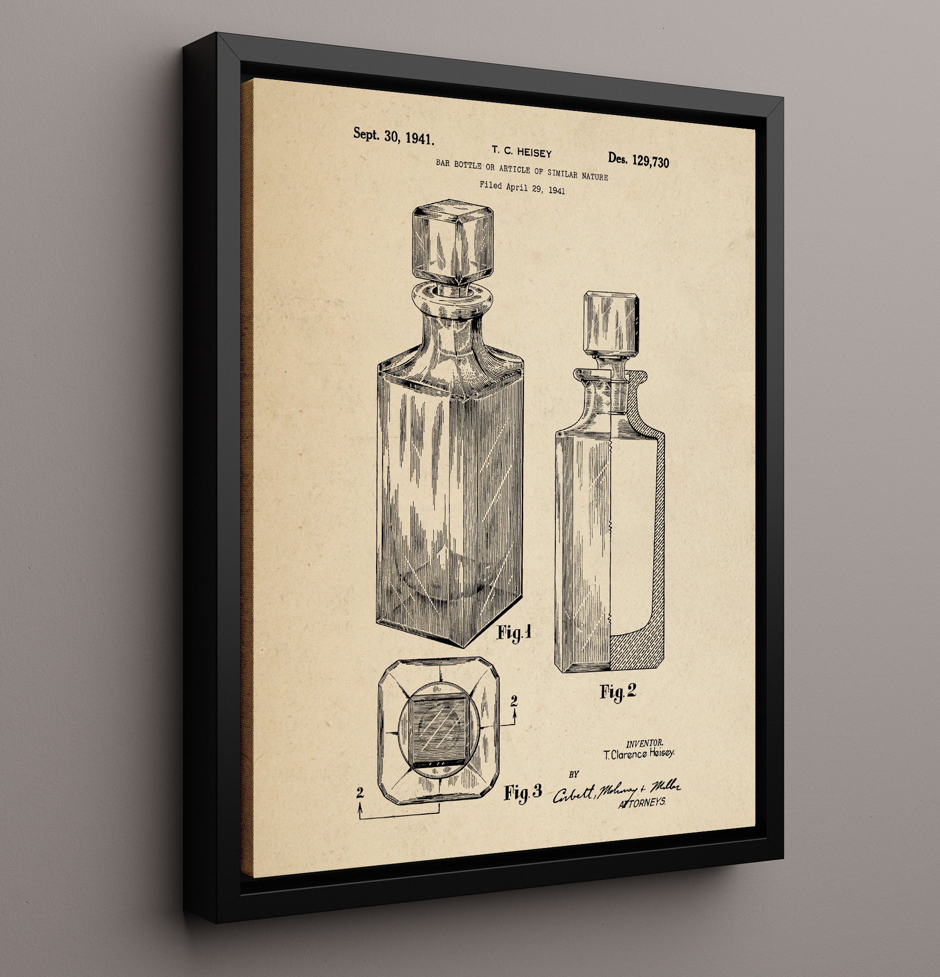 Patent Print - Bar Bottle Or Article Of Similar Nature - T.C. Heisey - 1941 - Patent D129730 Patent Wall Art