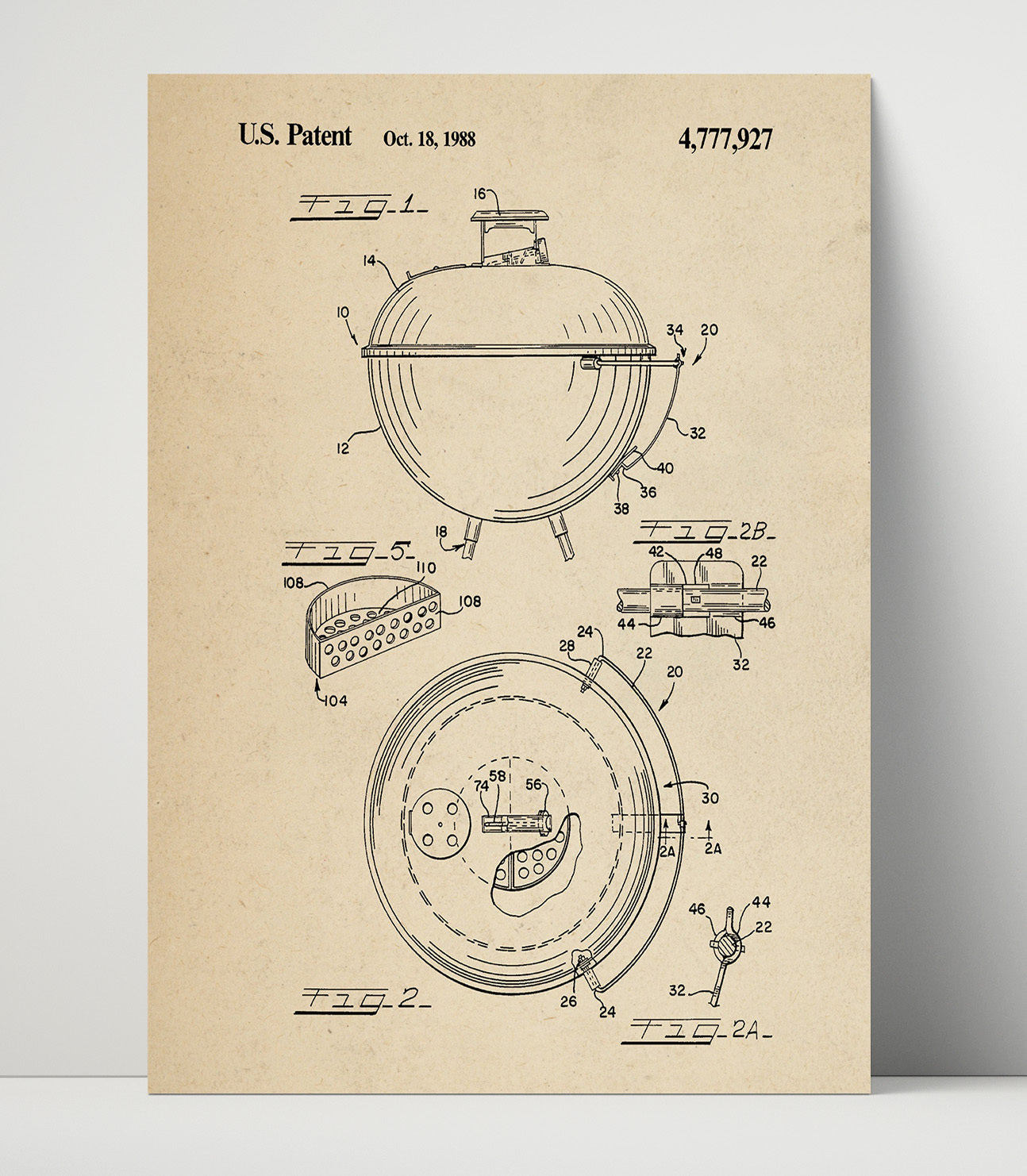 Patent Print - Barbecue Grill - 1988 - Patent 4777927 Patent Wall Art