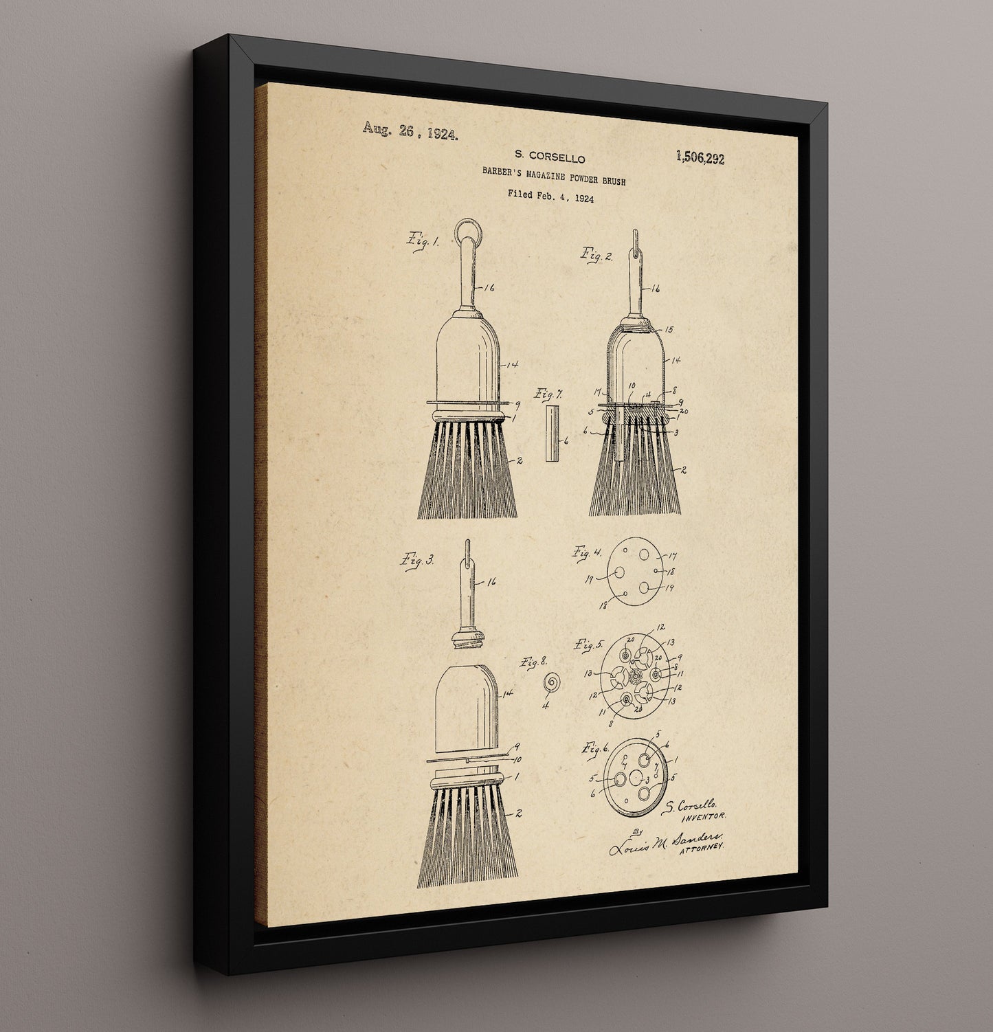 Patent Print - Barbers Magazine Powder Brush - S. Corsello - 1924 - Patent 1506292 Patent Wall Art
