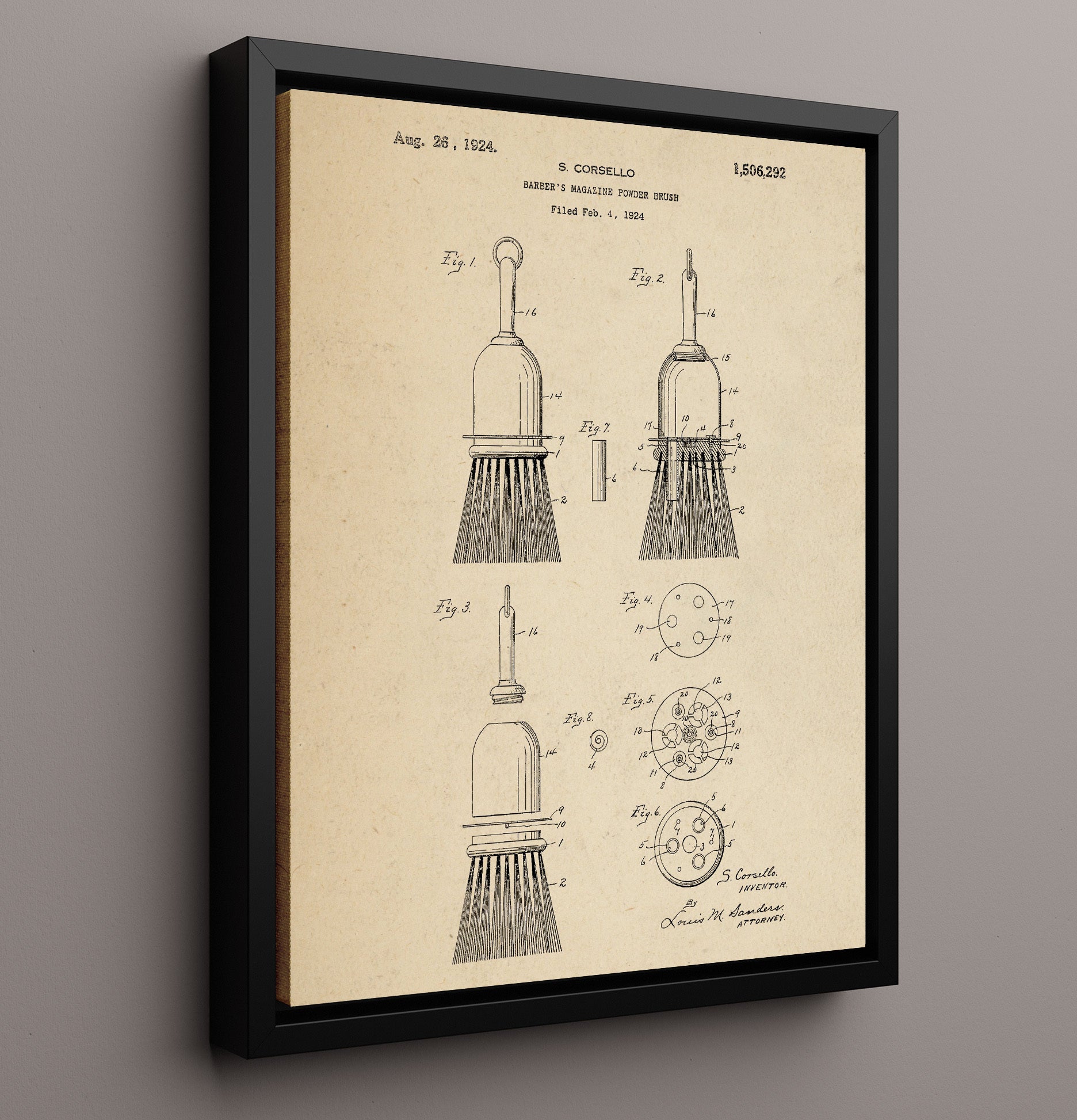 Patent Print - Barbers Magazine Powder Brush - S. Corsello - 1924 - Patent 1506292 Patent Wall Art