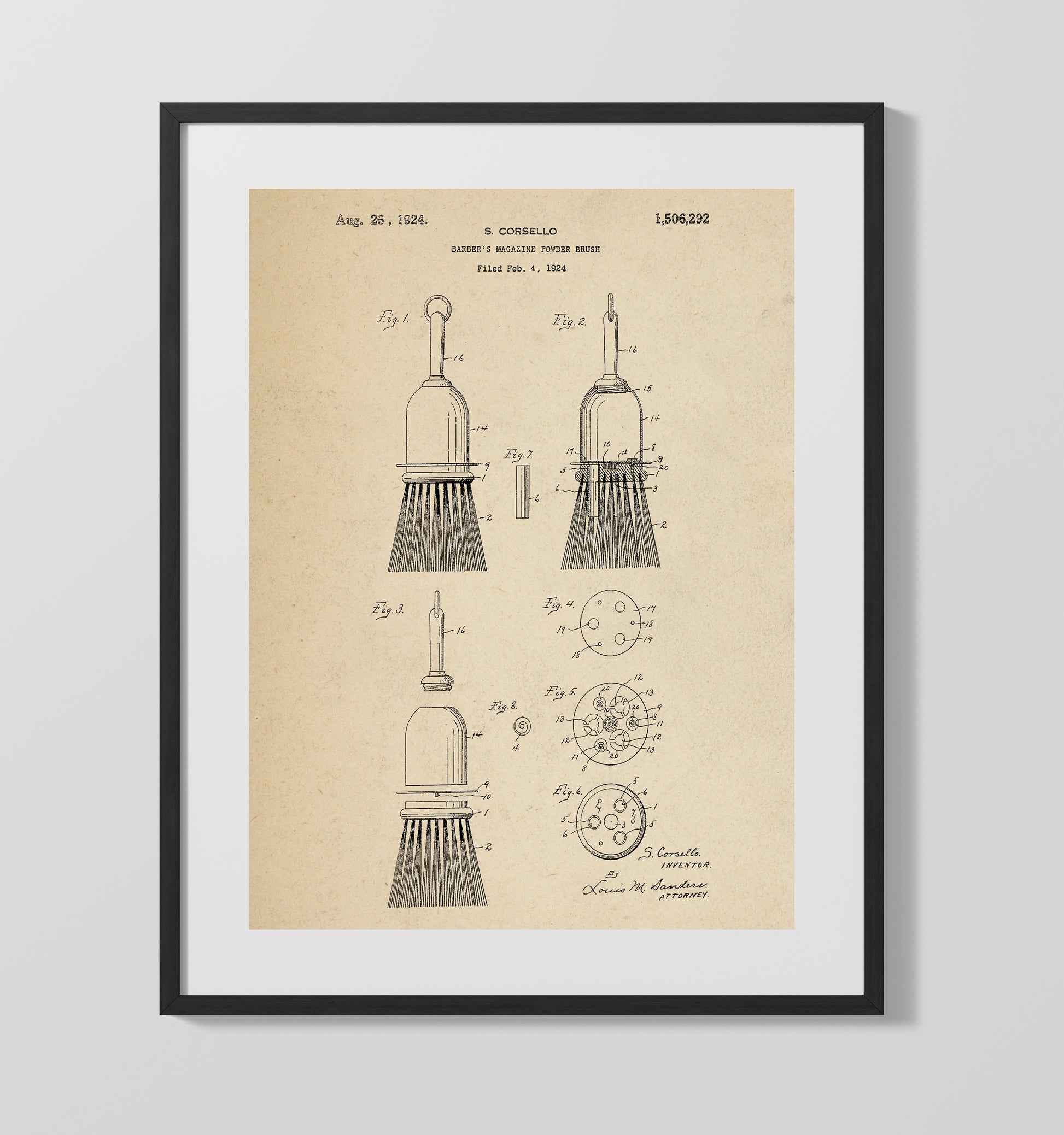 Patent Print - Barbers Magazine Powder Brush - S. Corsello - 1924 - Patent 1506292 Patent Wall Art