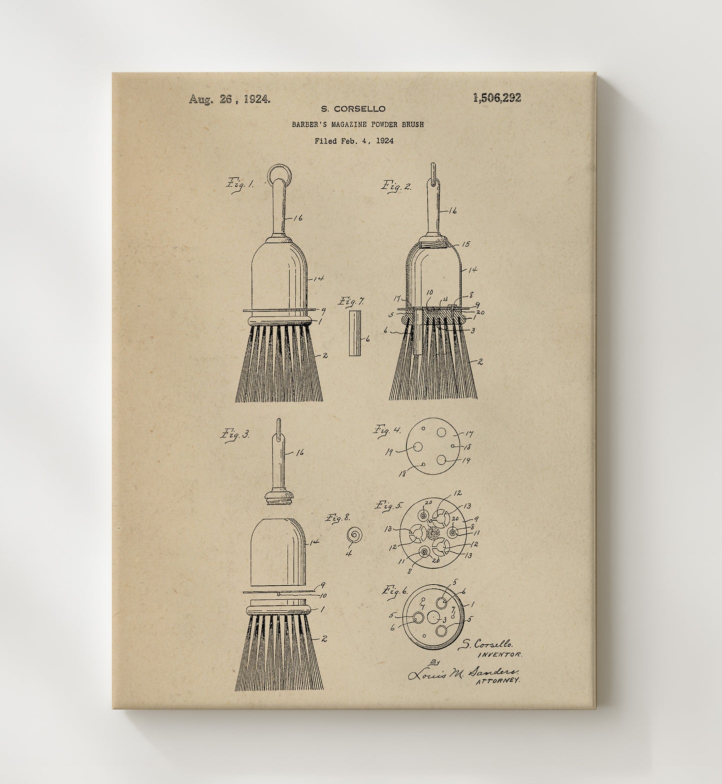 Patent Print - Barbers Magazine Powder Brush - S. Corsello - 1924 - Patent 1506292 Patent Wall Art
