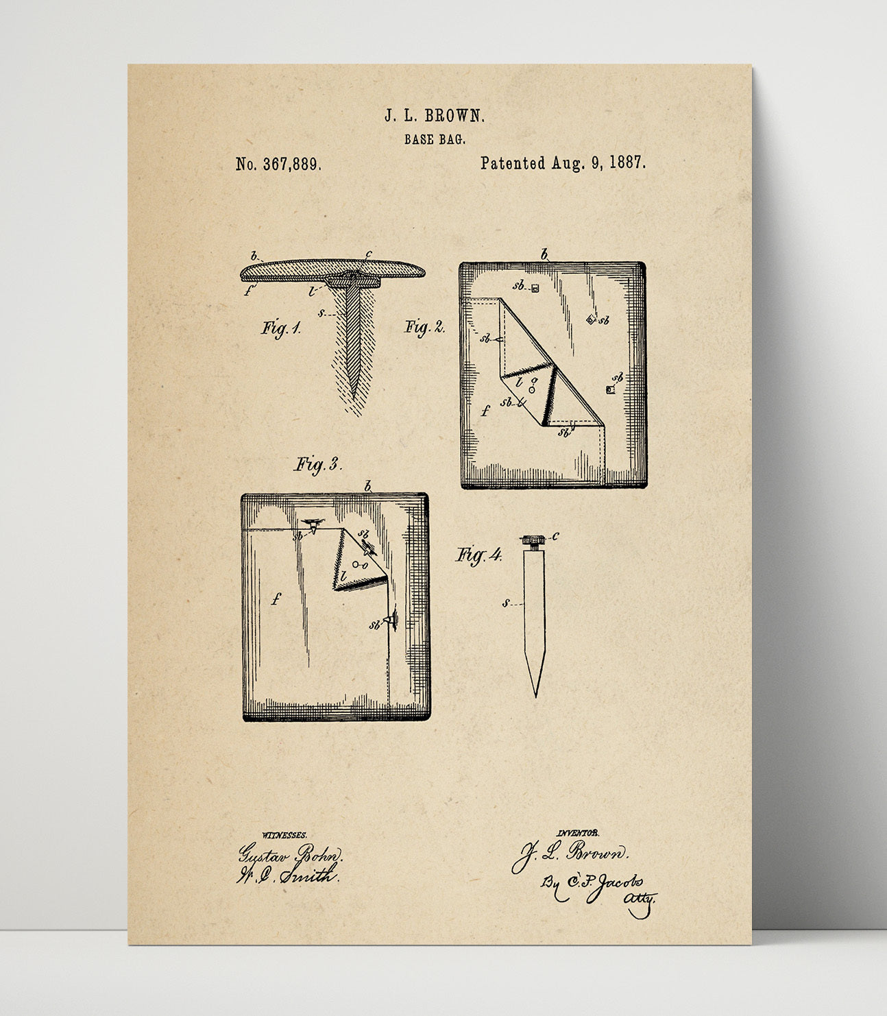 Patent Print - Baseball Base Bag - J L Brown - 1887 - Patent 367889 Patent Wall Art