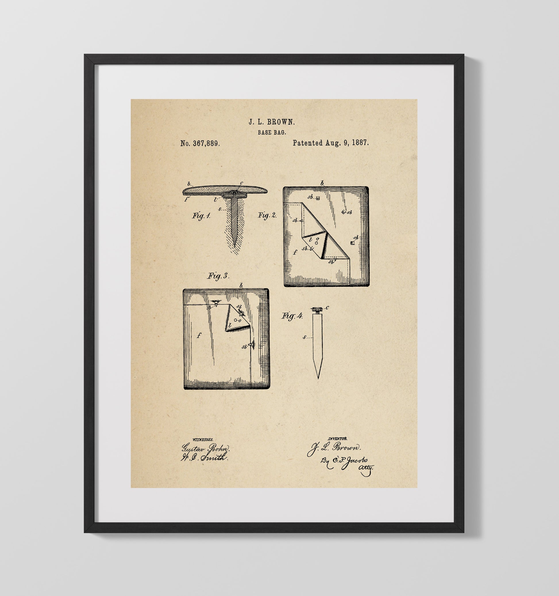 Patent Print - Baseball Base Bag - J L Brown - 1887 - Patent 367889 Patent Wall Art