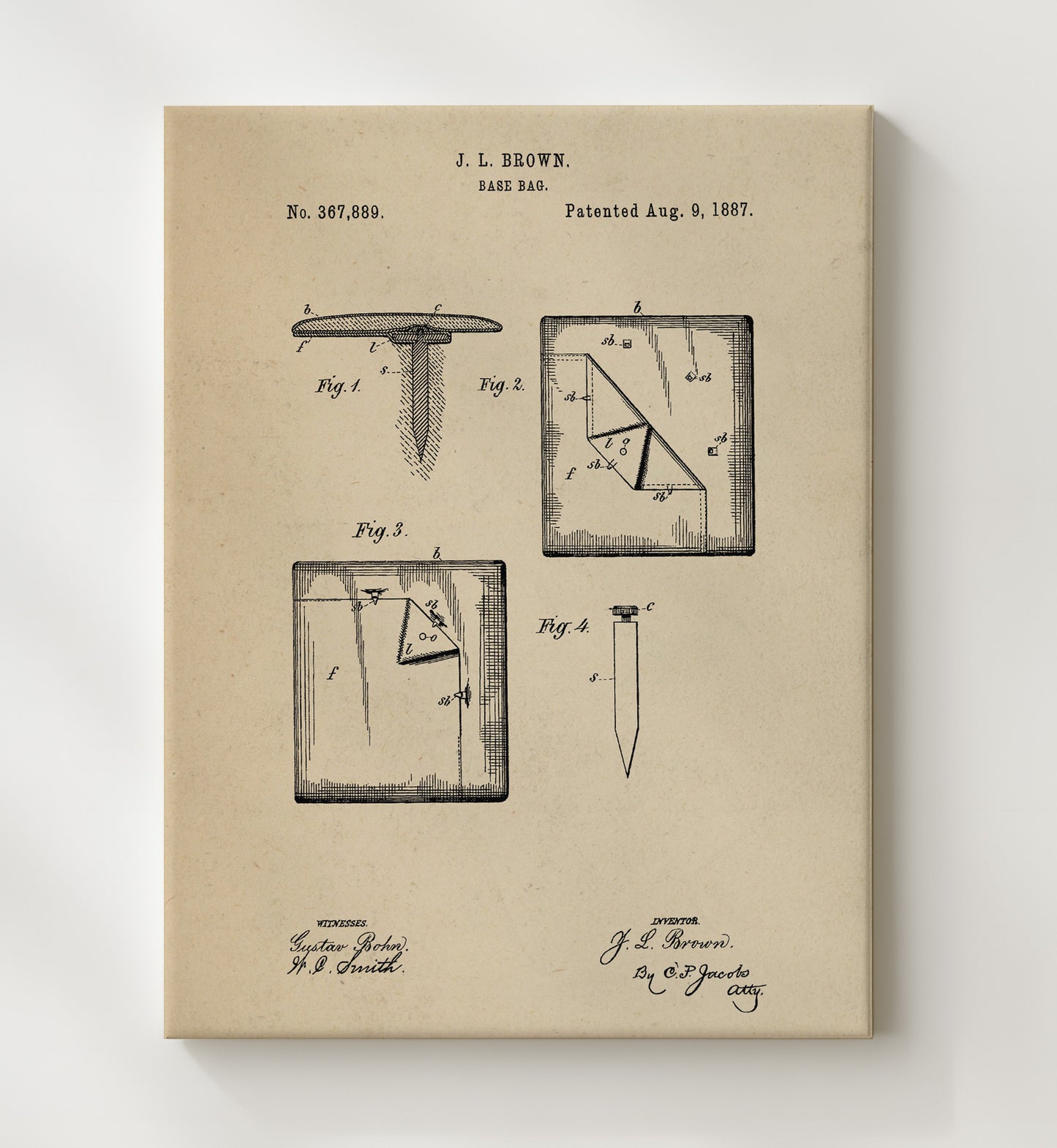 Patent Print - Baseball Base Bag - J L Brown - 1887 - Patent 367889 Patent Wall Art