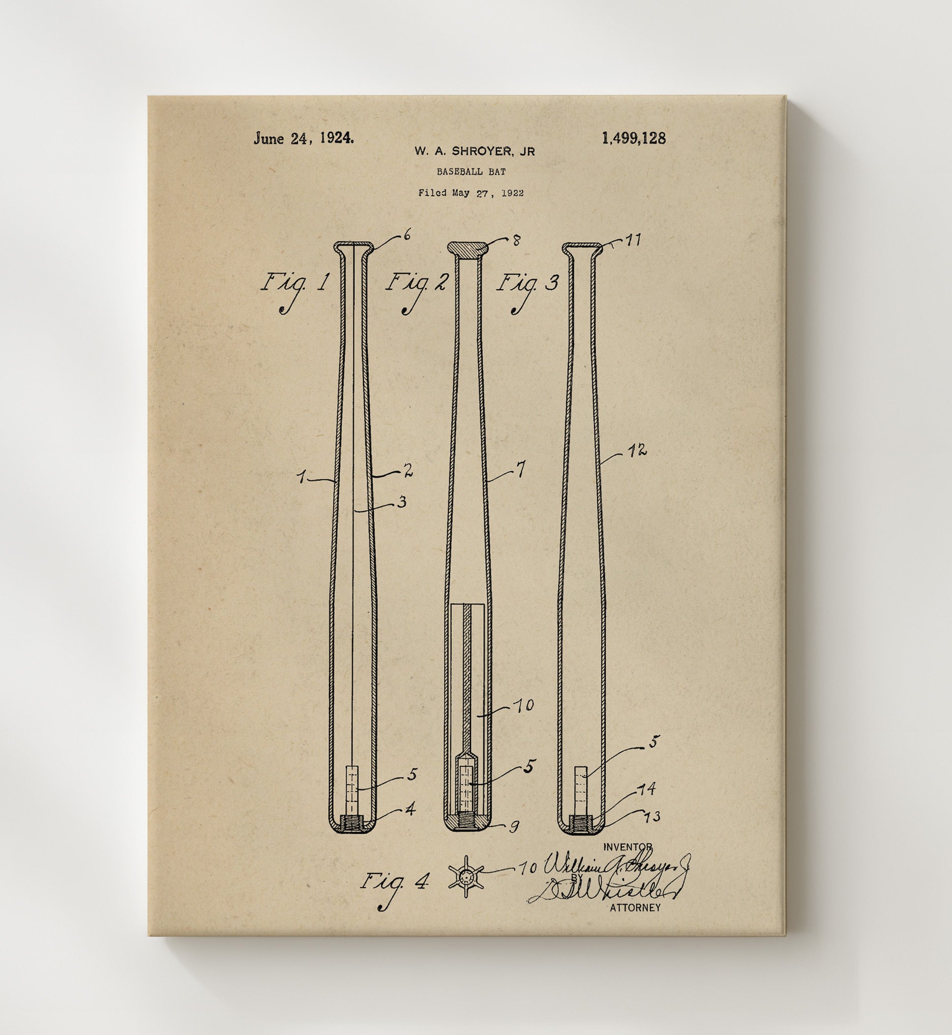 Patent Print - Baseball Bat - W A Shroyer Jr - 1924 - Patent 1499128 Patent Wall Art