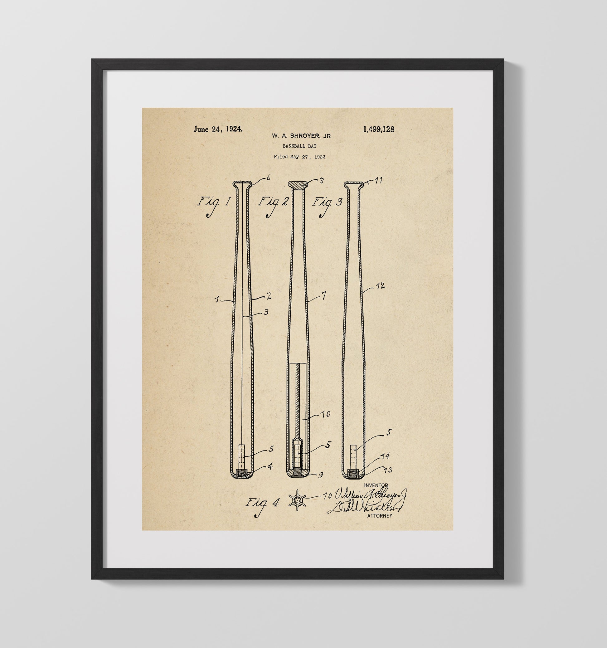 Patent Print - Baseball Bat - W A Shroyer Jr - 1924 - Patent 1499128 Patent Wall Art