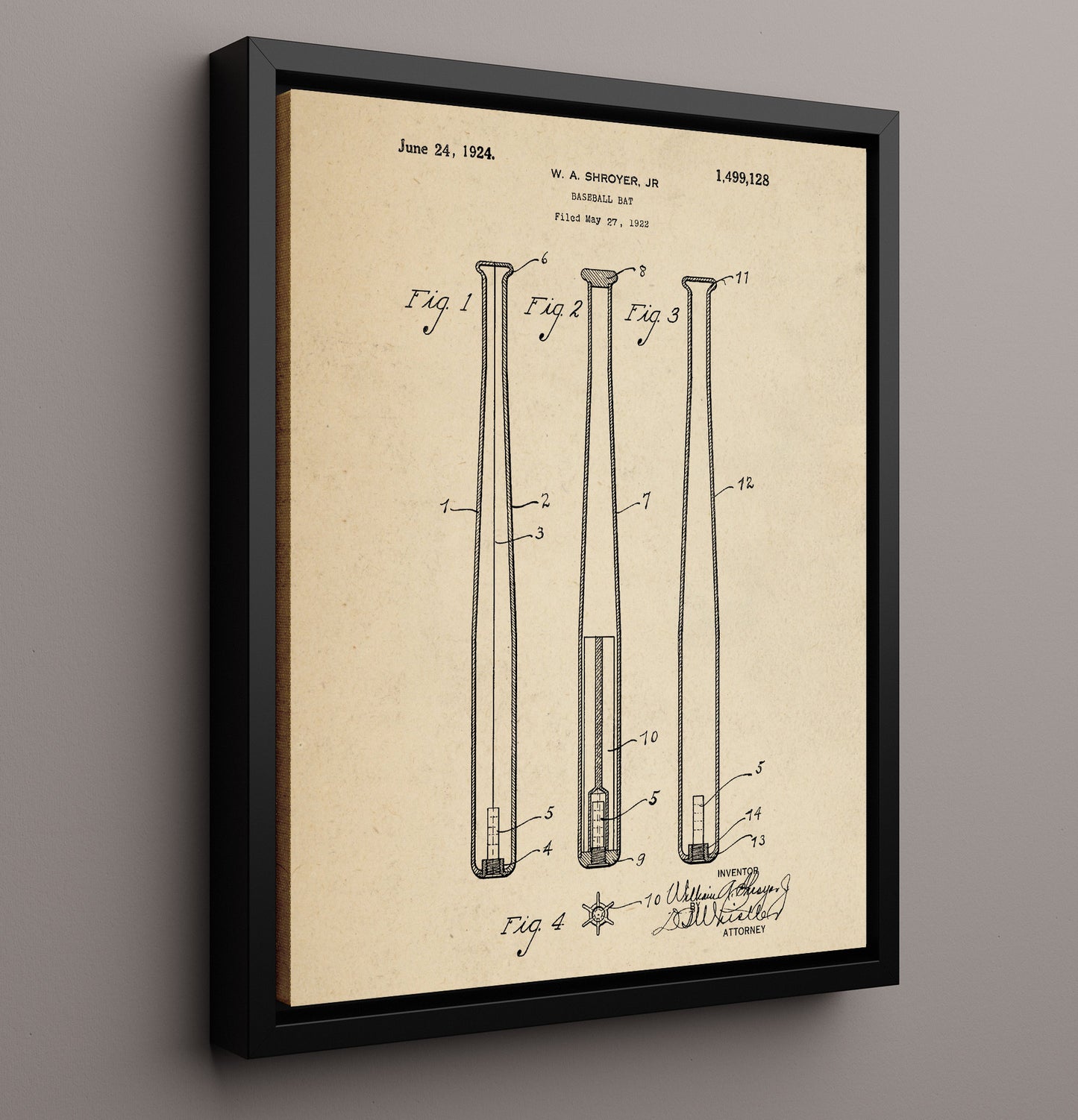 Patent Print - Baseball Bat - W A Shroyer Jr - 1924 - Patent 1499128 Patent Wall Art