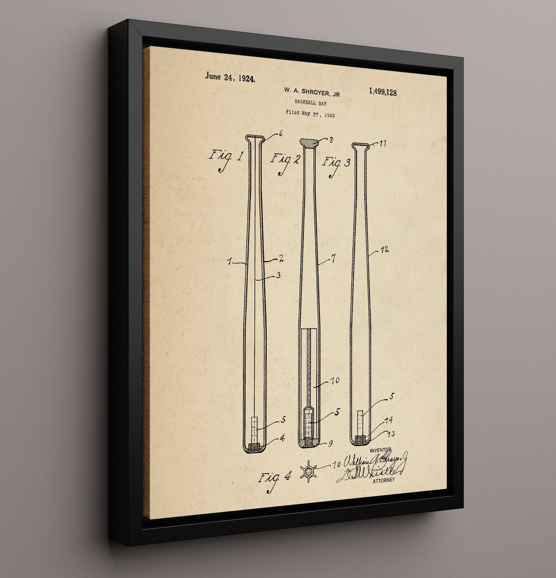 Patent Print - Baseball Bat - W A Shroyer Jr - 1924 - Patent 1499128 Patent Wall Art