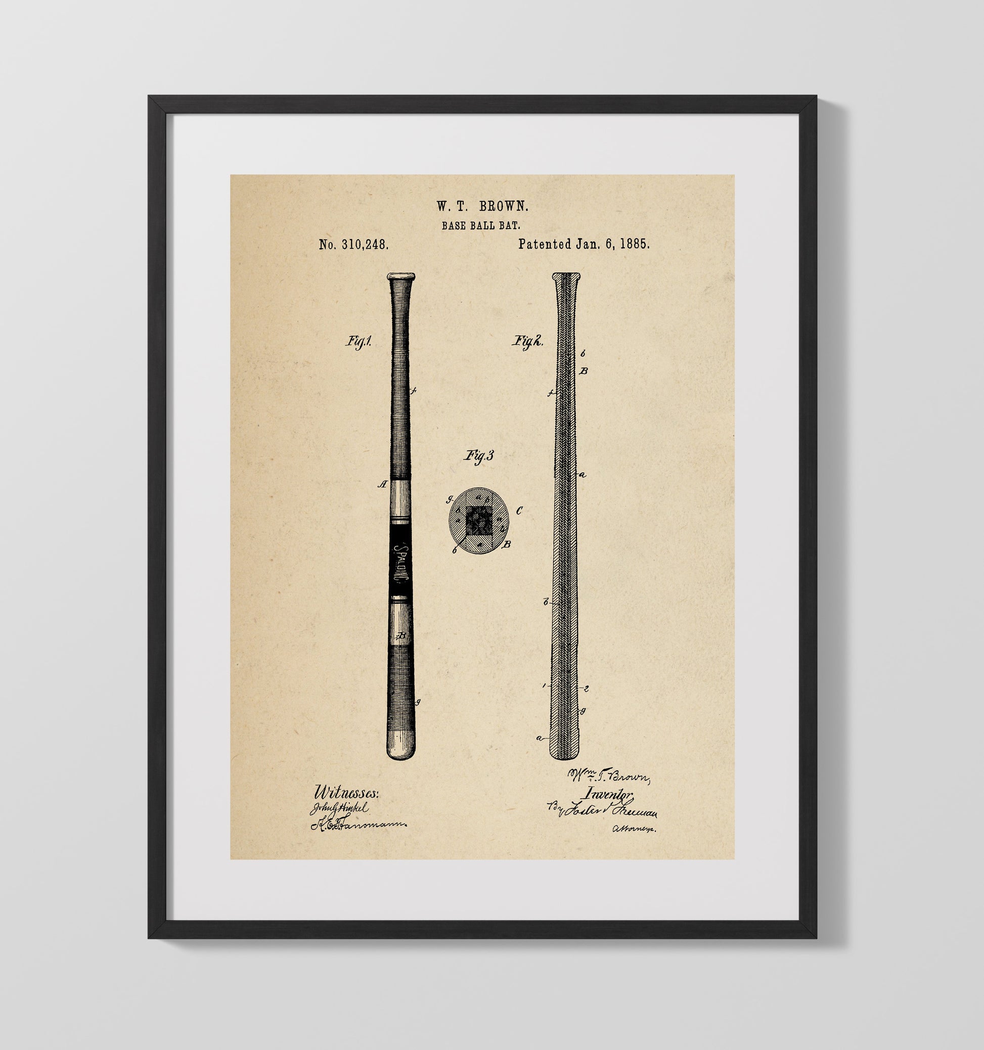 Patent Print - Baseball Bat - W T Brown - 1885 - Patent 310248 Patent Wall Art