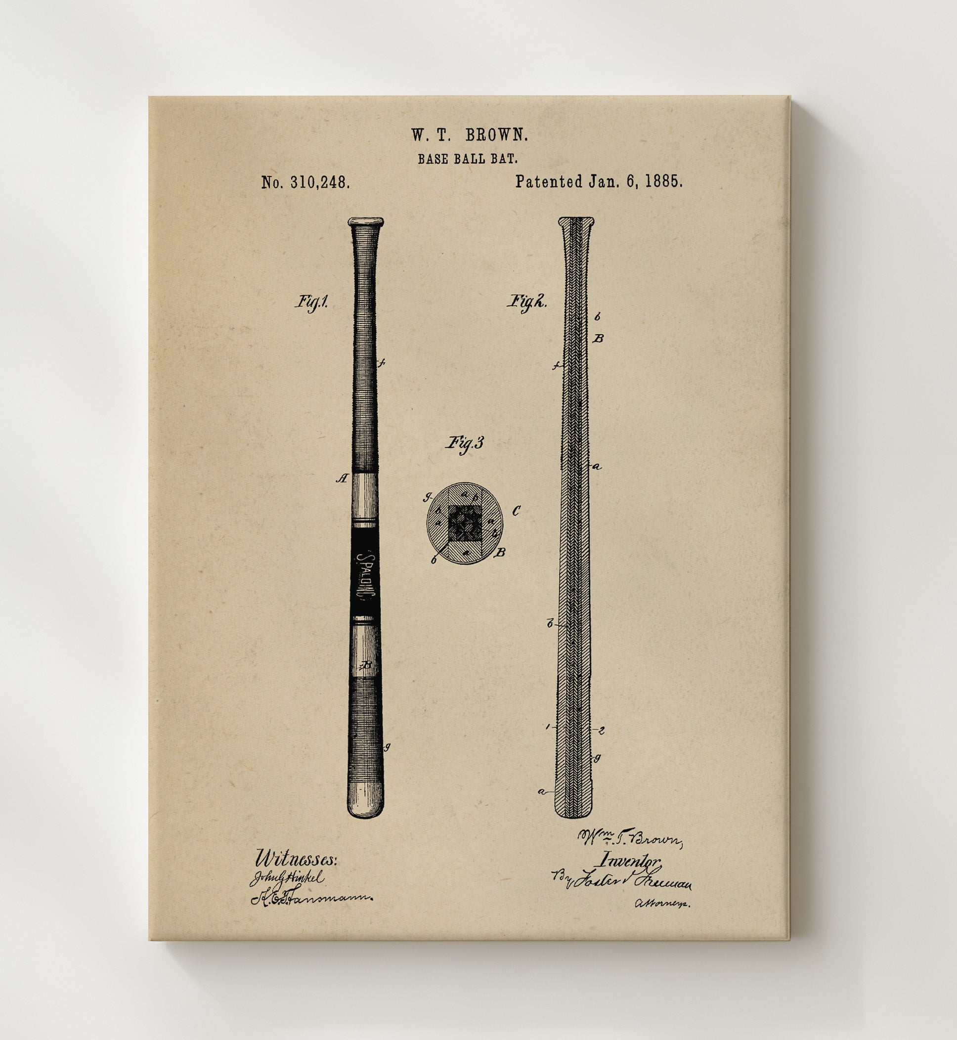 Patent Print - Baseball Bat - W T Brown - 1885 - Patent 310248 Patent Wall Art