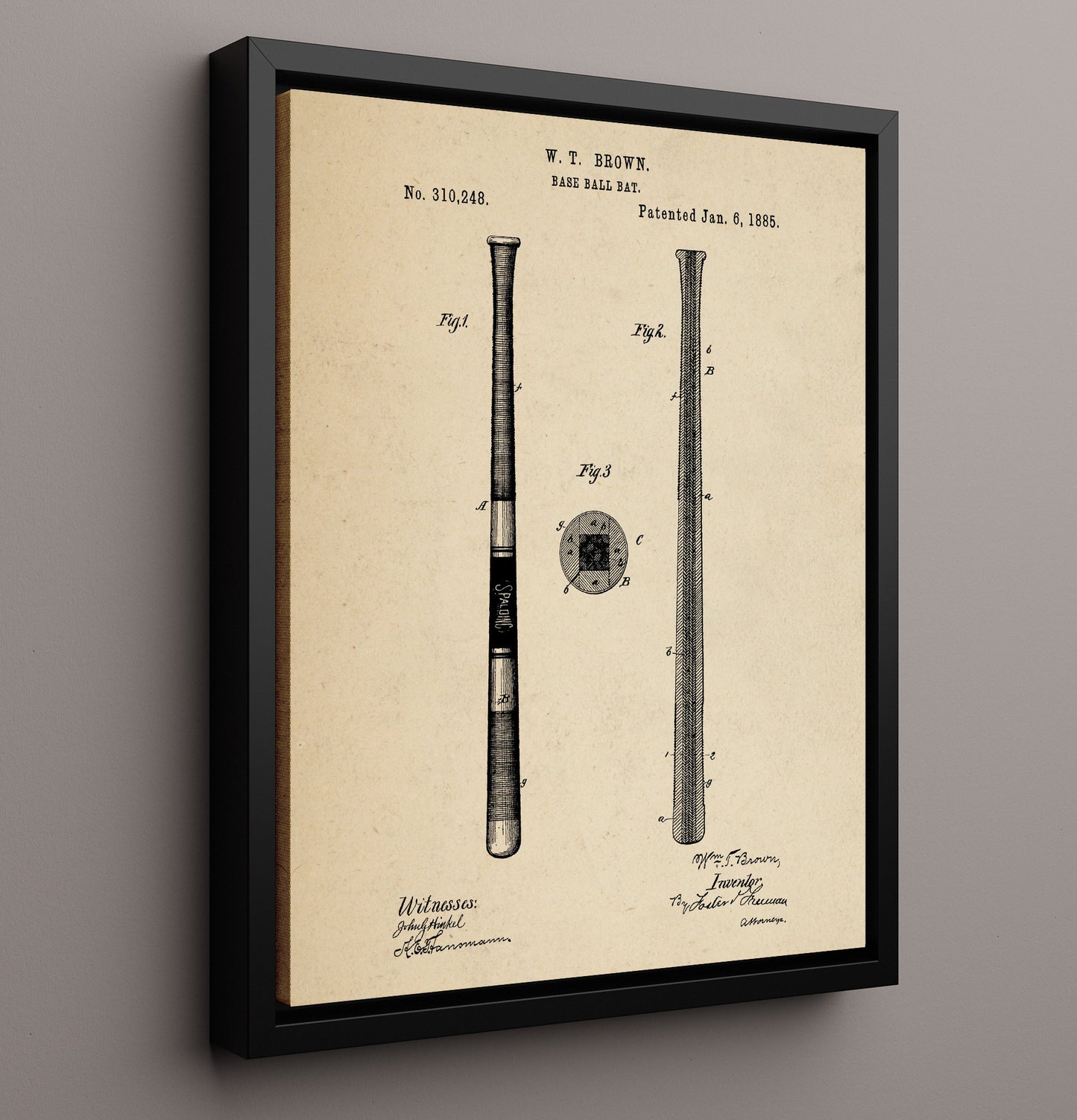 Patent Print - Baseball Bat - W T Brown - 1885 - Patent 310248 Patent Wall Art