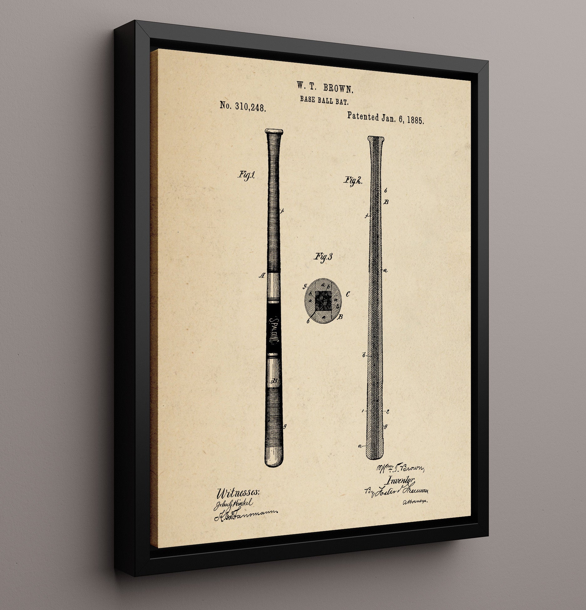 Patent Print - Baseball Bat - W T Brown - 1885 - Patent 310248 Patent Wall Art