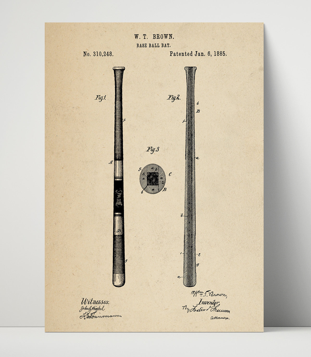 Patent Print - Baseball Bat - W T Brown - 1885 - Patent 310248 Patent Wall Art