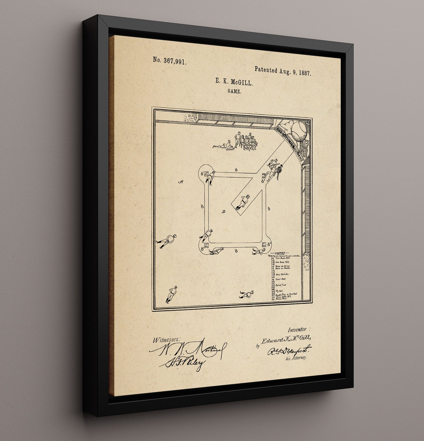 Patent Print - Baseball Board Game - E K Mcgill - 1887 - Patent 367991 Patent Wall Art