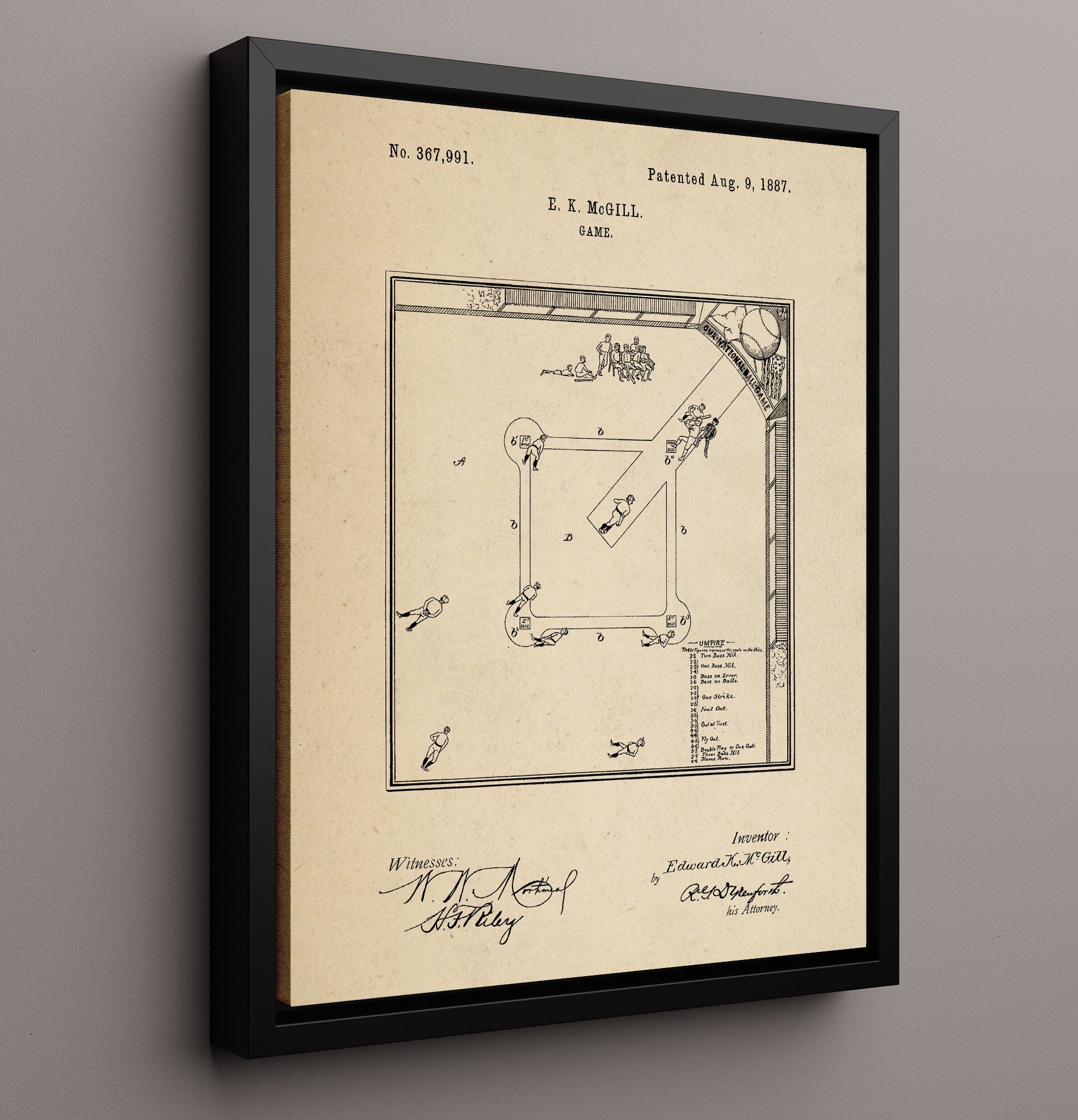 Patent Print - Baseball Board Game - E K Mcgill - 1887 - Patent 367991 Patent Wall Art