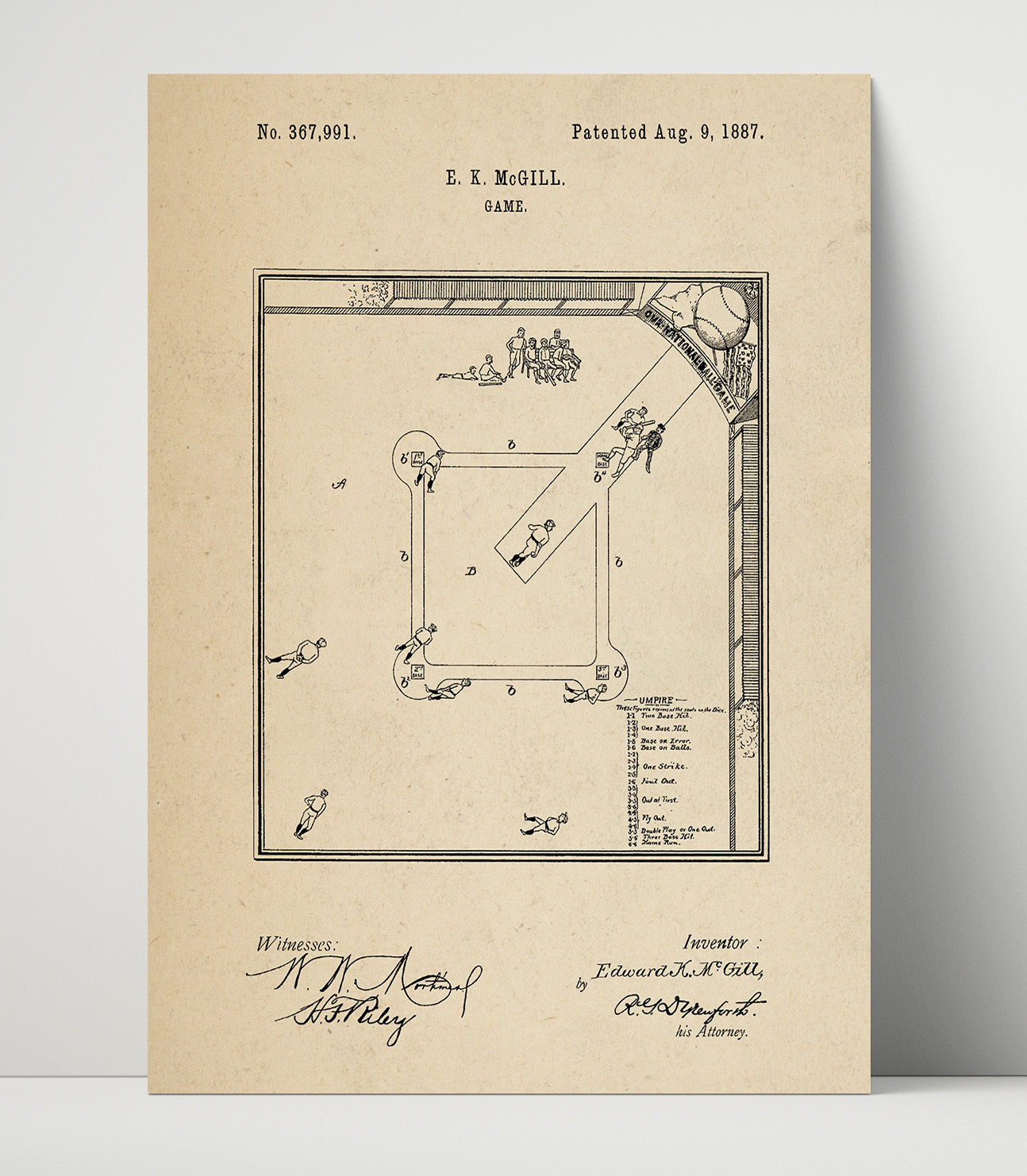 Patent Print - Baseball Board Game - E K Mcgill - 1887 - Patent 367991 Patent Wall Art