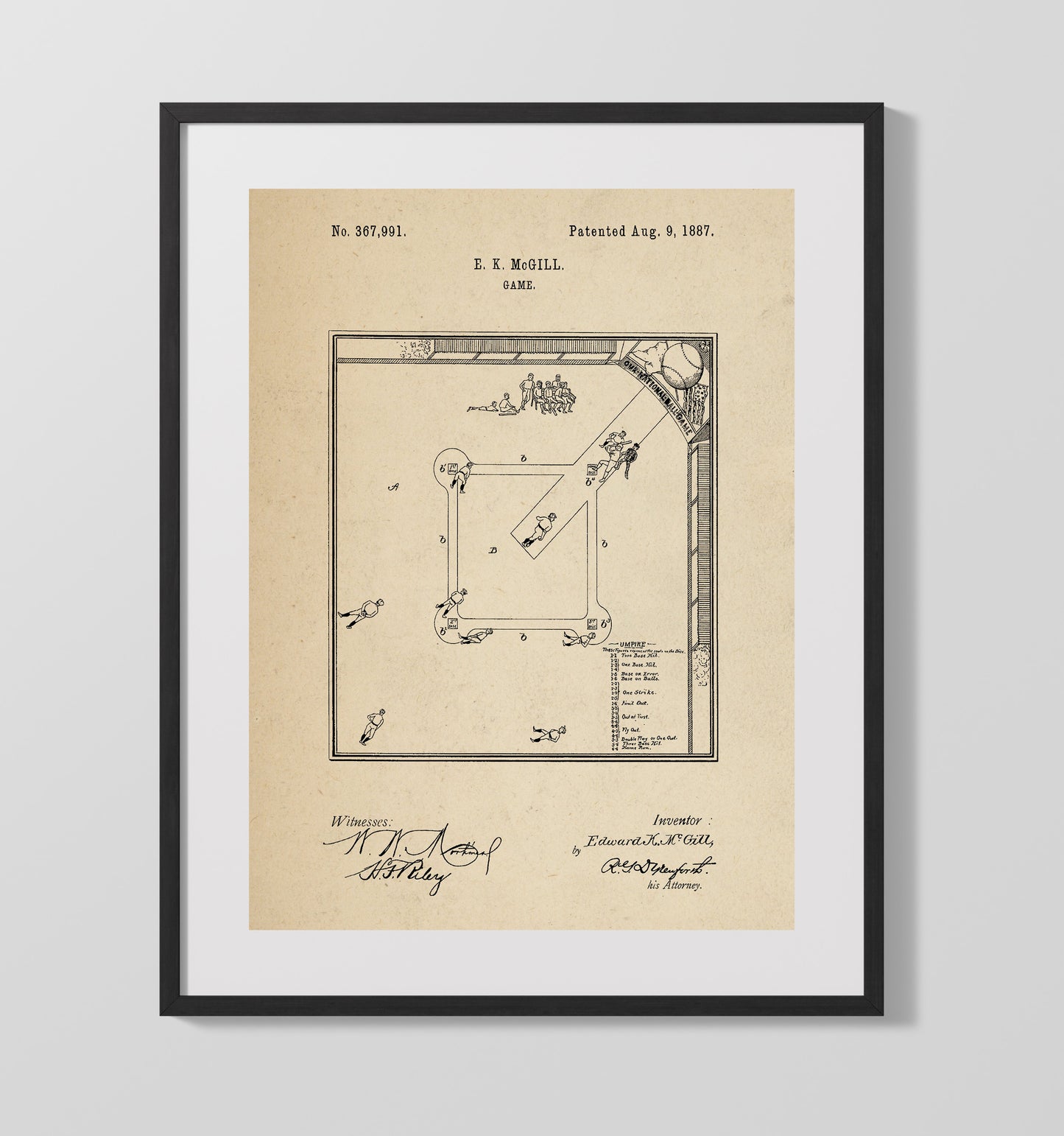 Patent Print - Baseball Board Game - E K Mcgill - 1887 - Patent 367991 Patent Wall Art