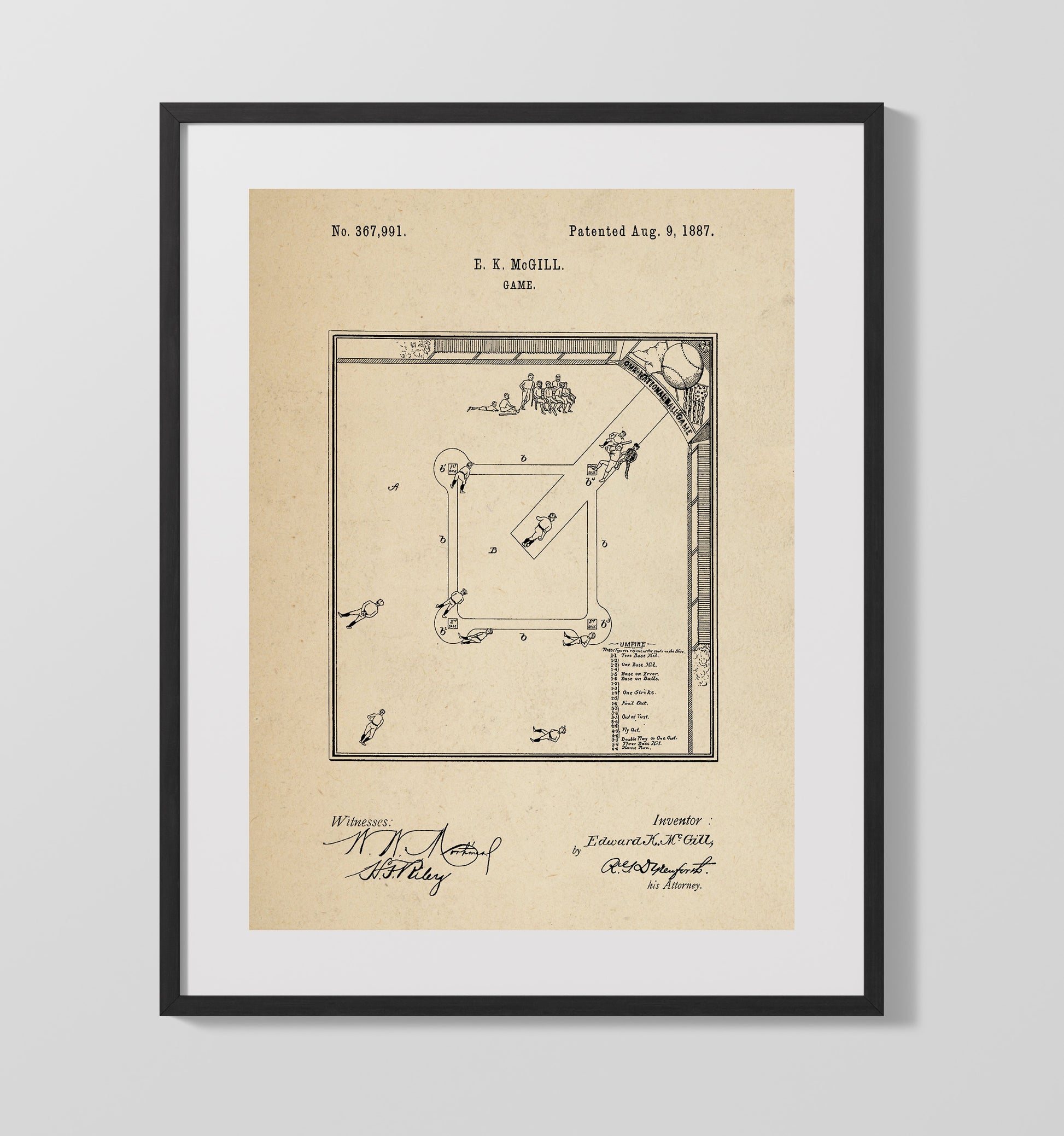 Patent Print - Baseball Board Game - E K Mcgill - 1887 - Patent 367991 Patent Wall Art