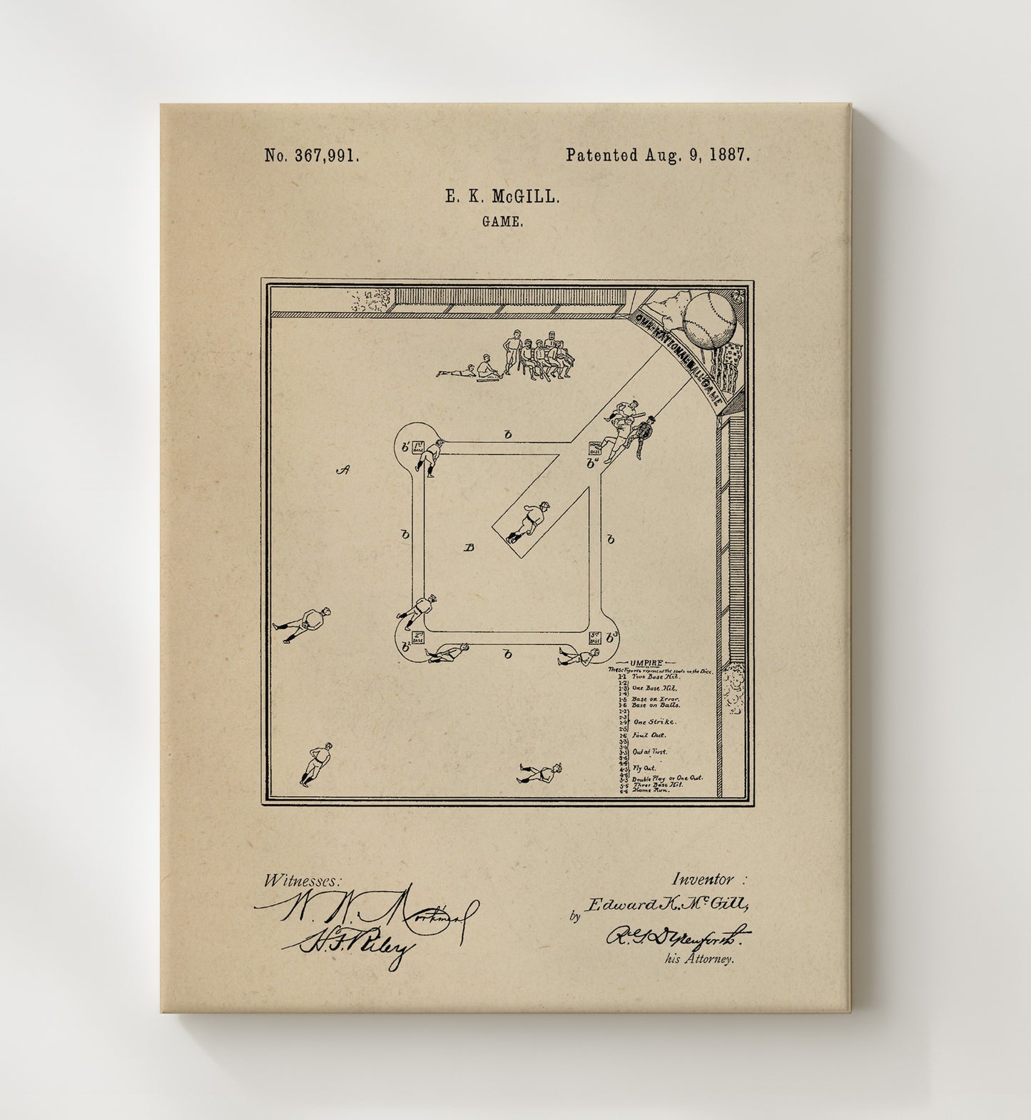 Patent Print - Baseball Board Game - E K Mcgill - 1887 - Patent 367991 Patent Wall Art
