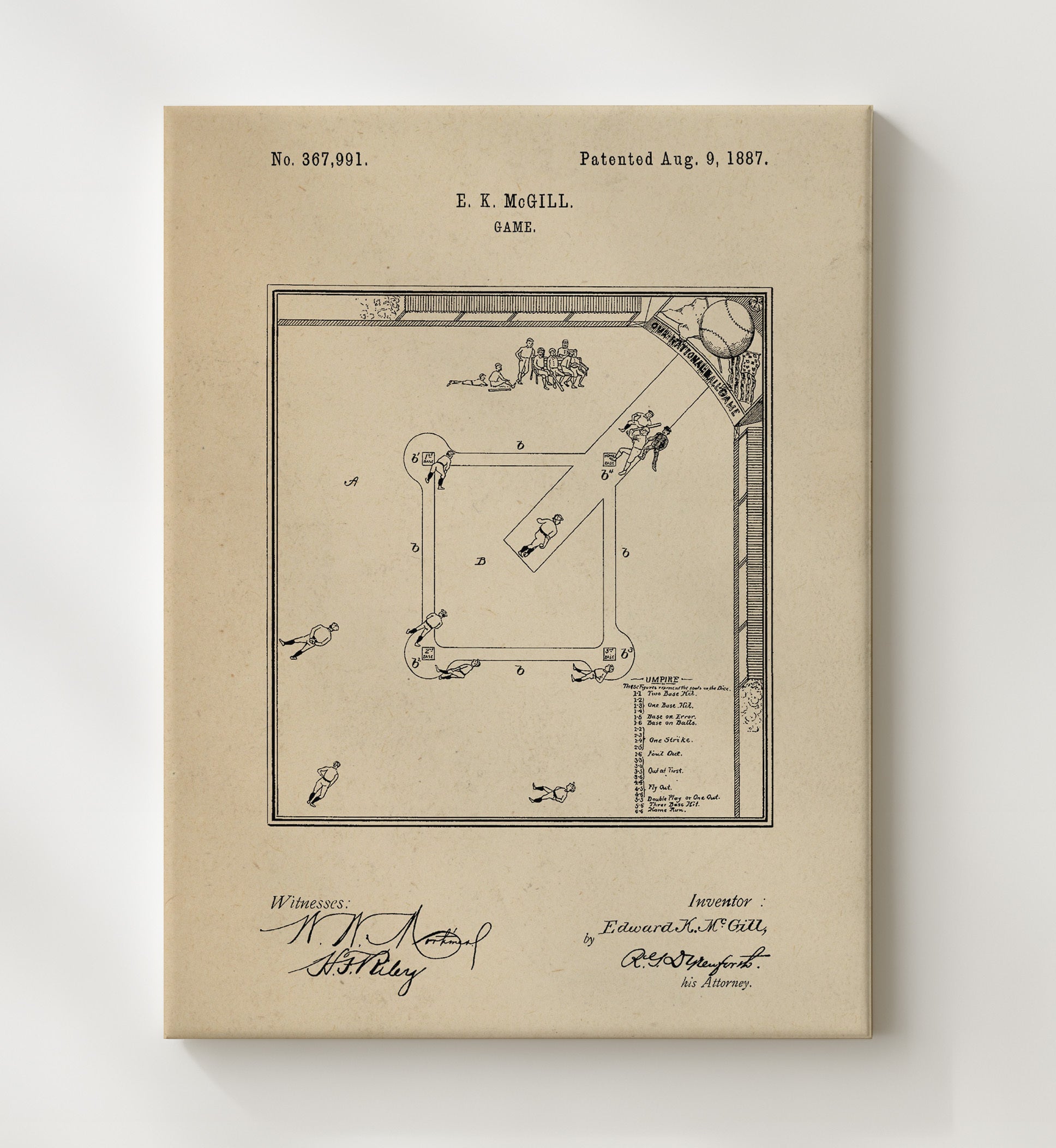 Patent Print - Baseball Board Game - E K Mcgill - 1887 - Patent 367991 Patent Wall Art