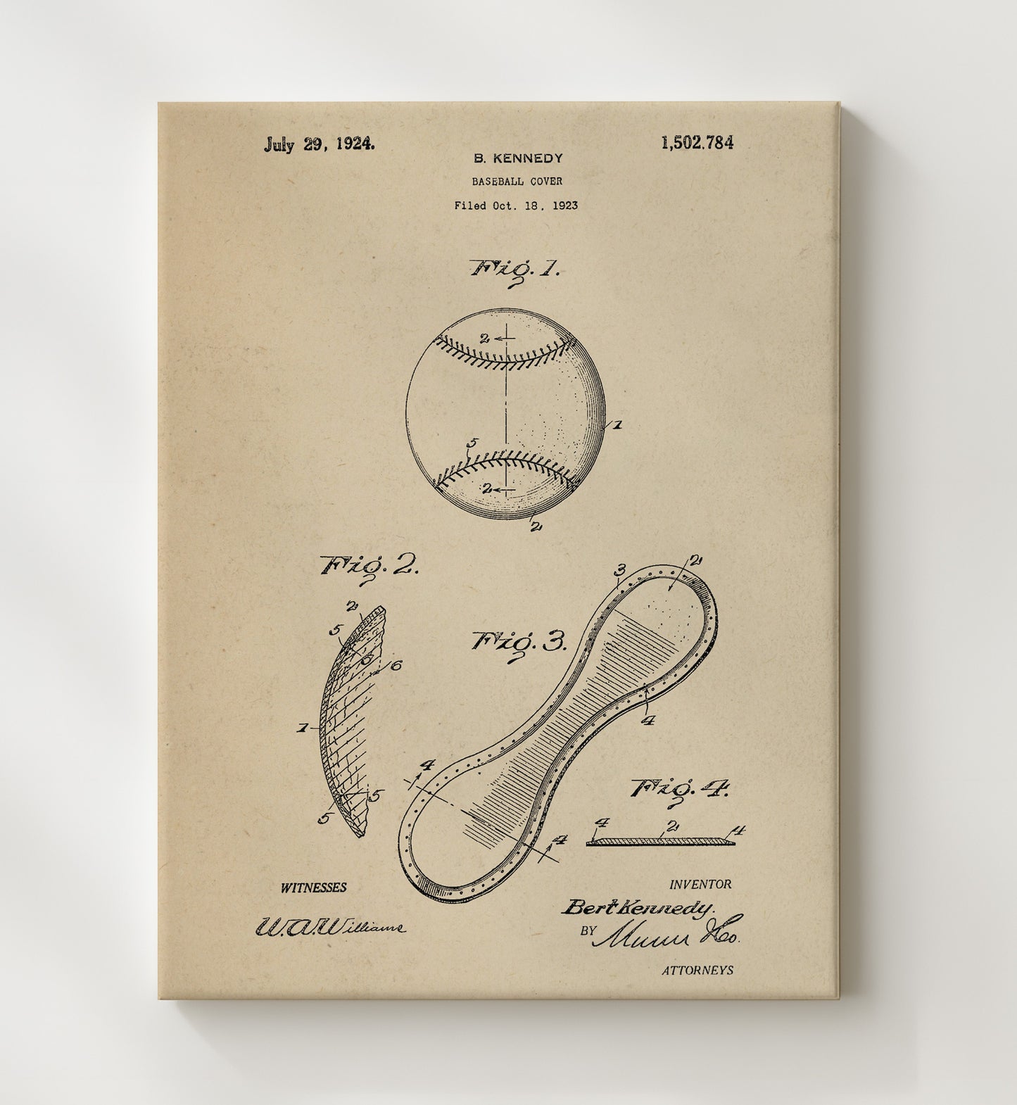 Patent Print - Baseball Cover - B Kennedy - 1924 - Patent 1502784 Patent Wall Art