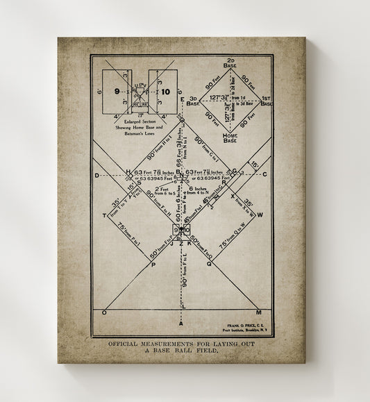 Baseball Diamond patent print wall art 8x10 Canvas