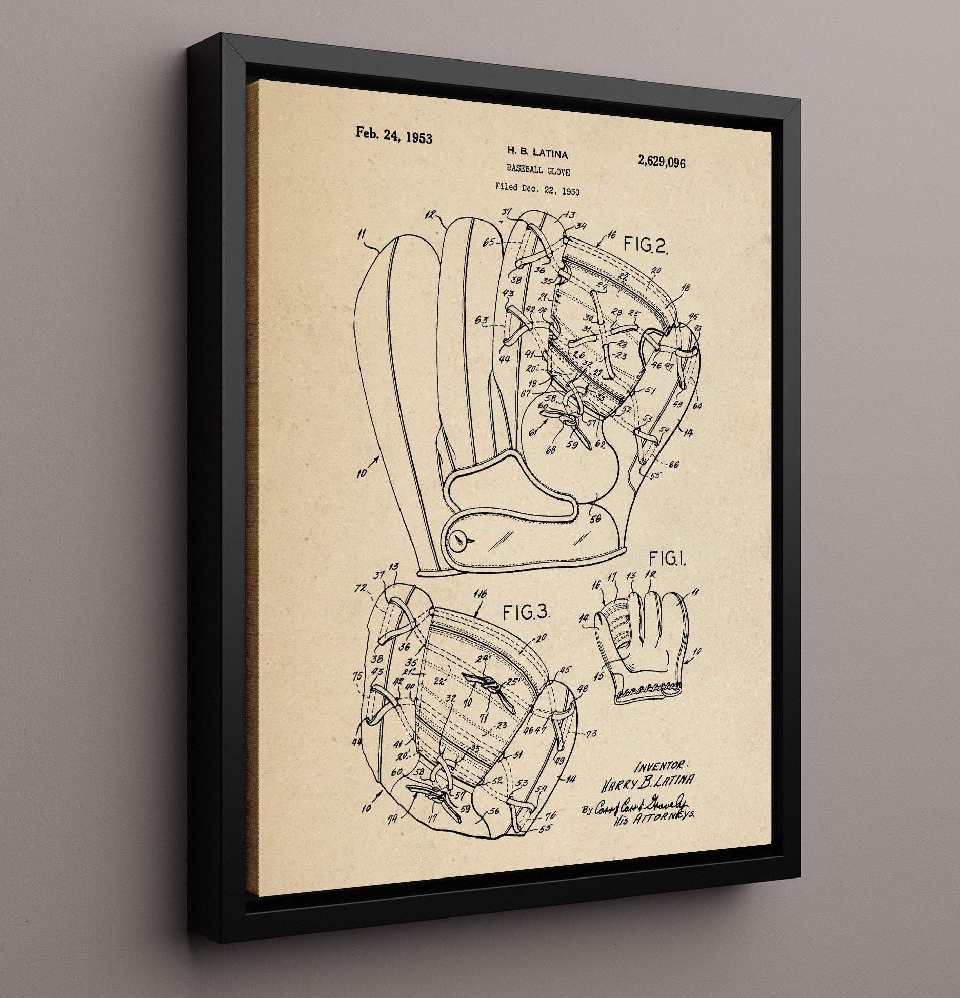 Patent Print - Baseball Glove - H B Latina - 1953 - Patent 2629096 Patent Wall Art