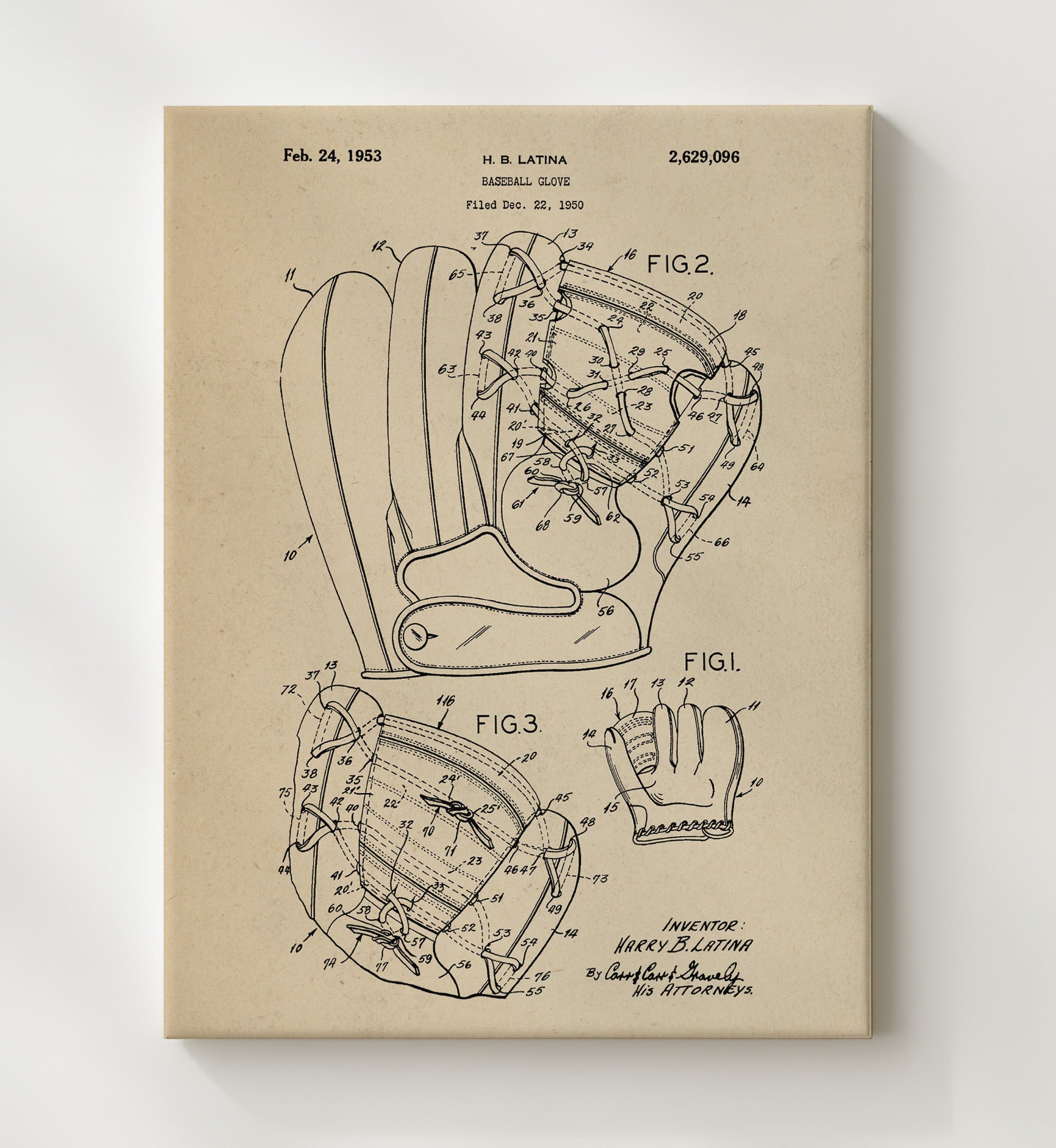 Patent Print - Baseball Glove - H B Latina - 1953 - Patent 2629096 Patent Wall Art