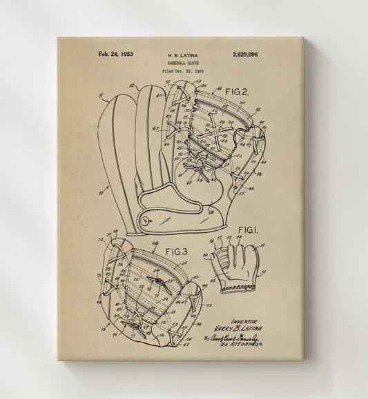 Baseball Glove 1953 patent print wall art 8x10 Canvas