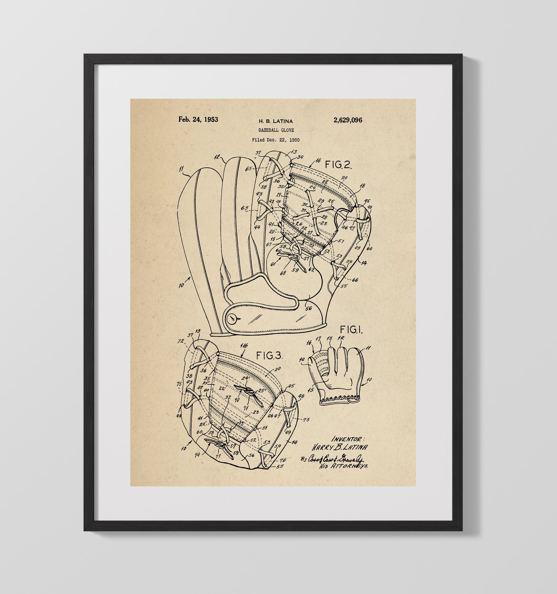 Patent Print - Baseball Glove - H B Latina - 1953 - Patent 2629096 Patent Wall Art