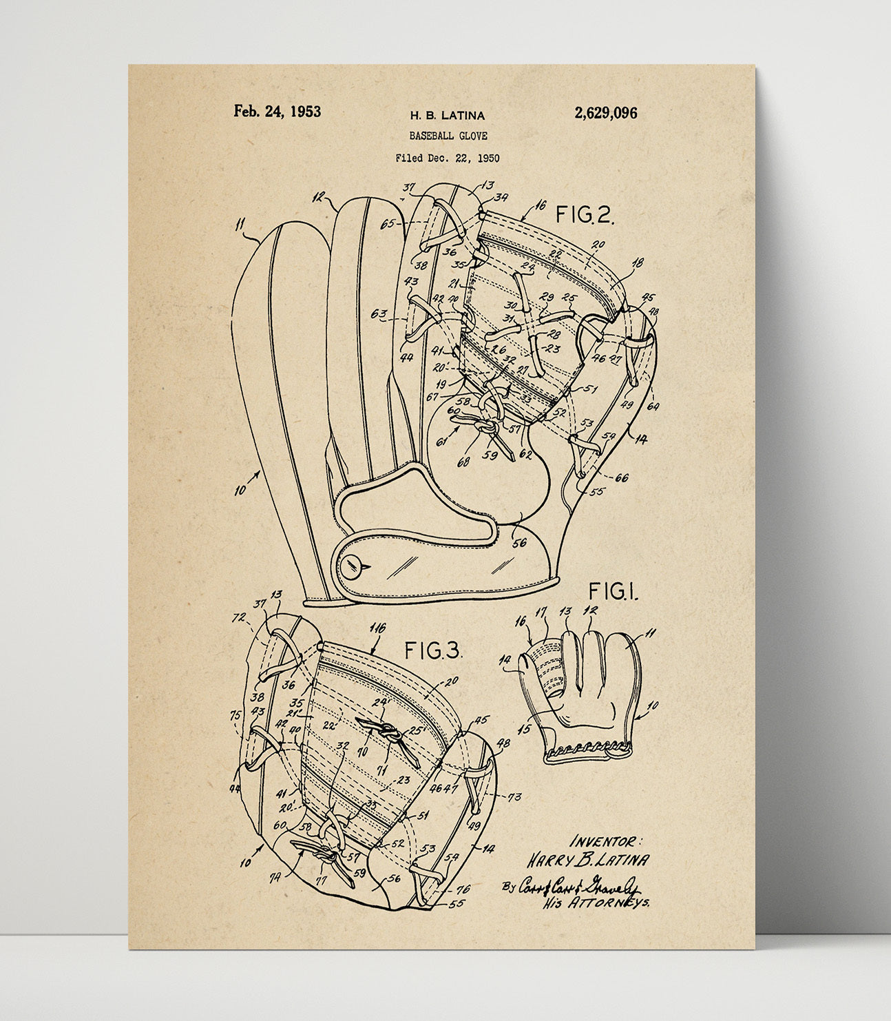 Patent Print - Baseball Glove - H B Latina - 1953 - Patent 2629096 Patent Wall Art