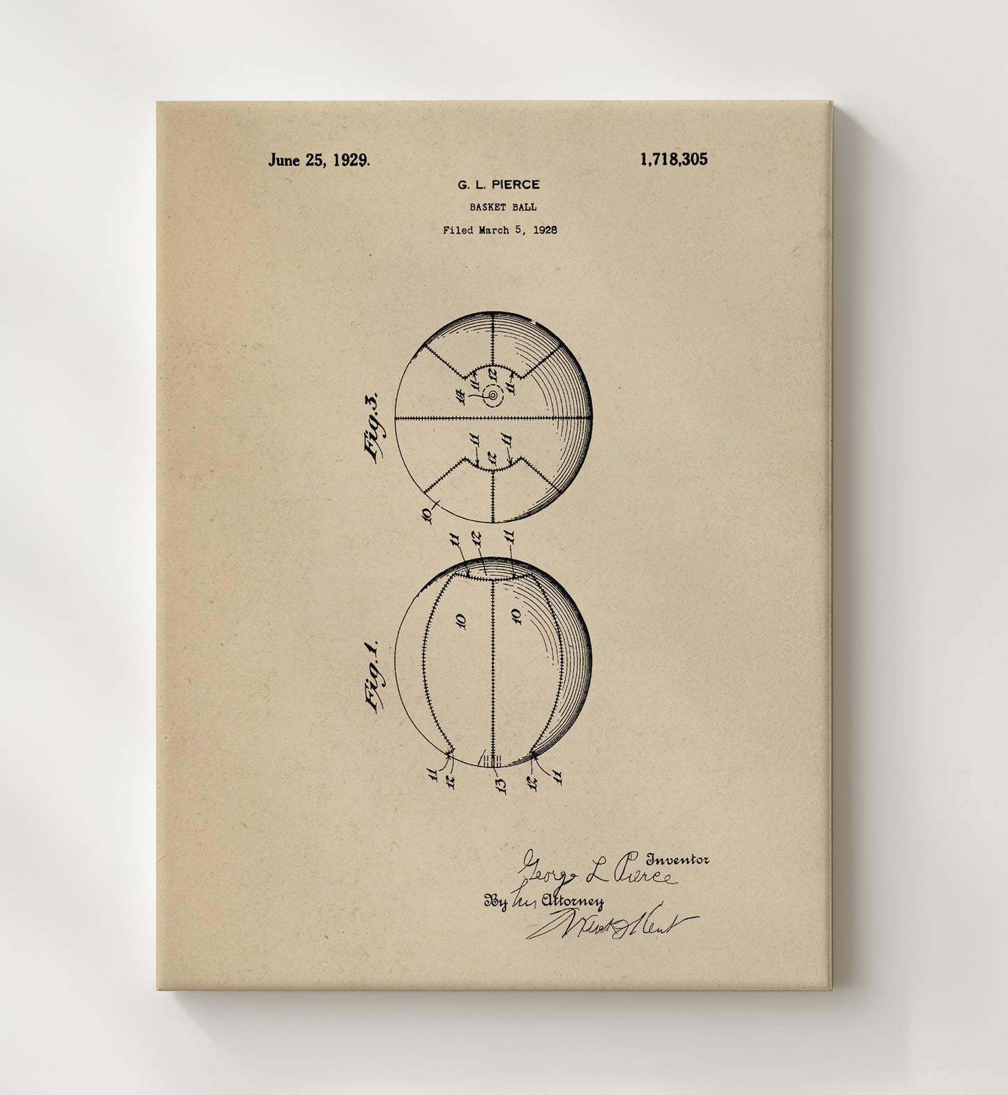 Patent Print - Basketball - G L Pierce - 1929 - Patent 1718305 Patent Wall Art