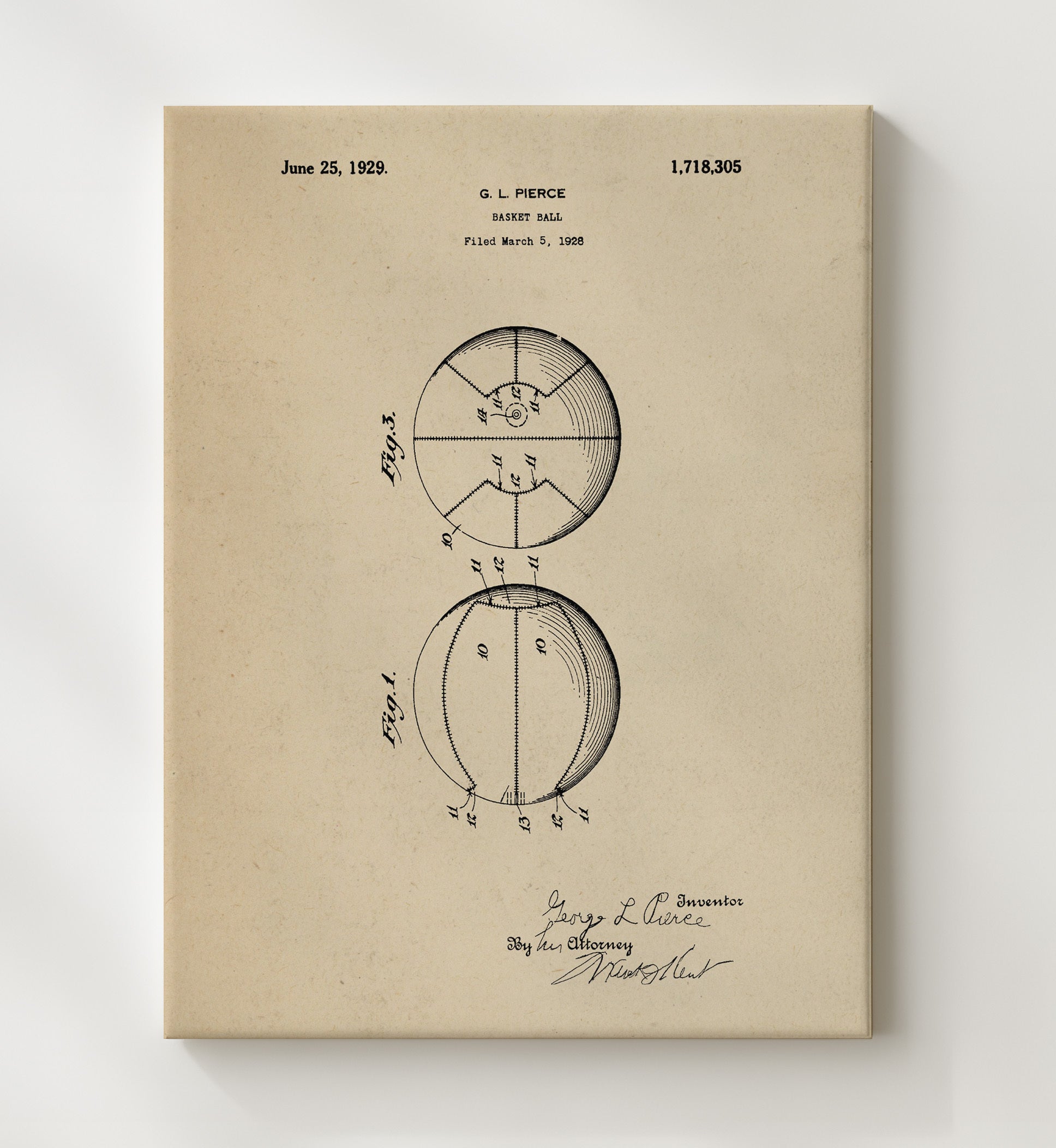 Patent Print - Basketball - G L Pierce - 1929 - Patent 1718305 Patent Wall Art