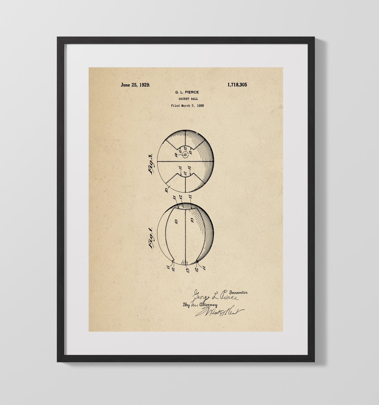 Patent Print - Basketball - G L Pierce - 1929 - Patent 1718305 Patent Wall Art