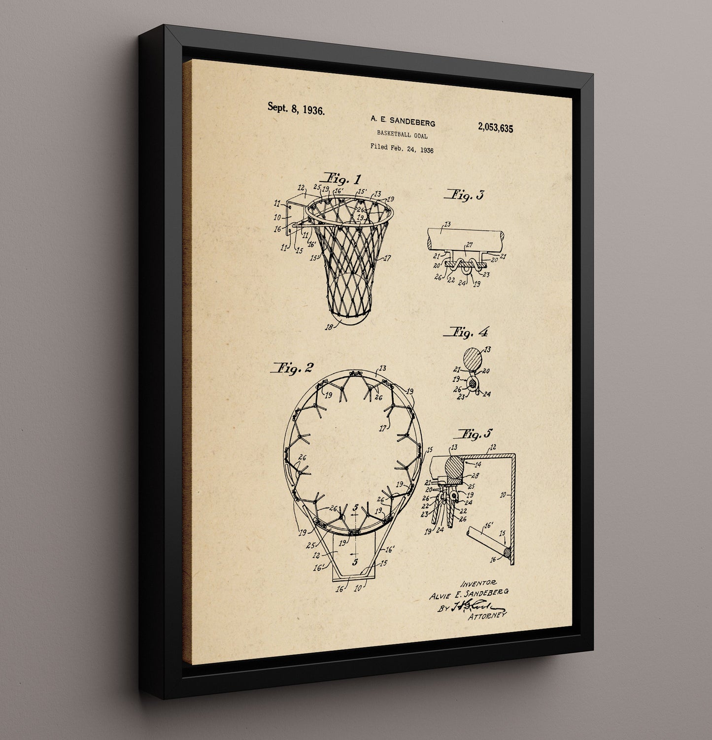 Patent Print - Basketball Goal - A E Sandeberg - 1936 - Patent 2053635 Patent Wall Art