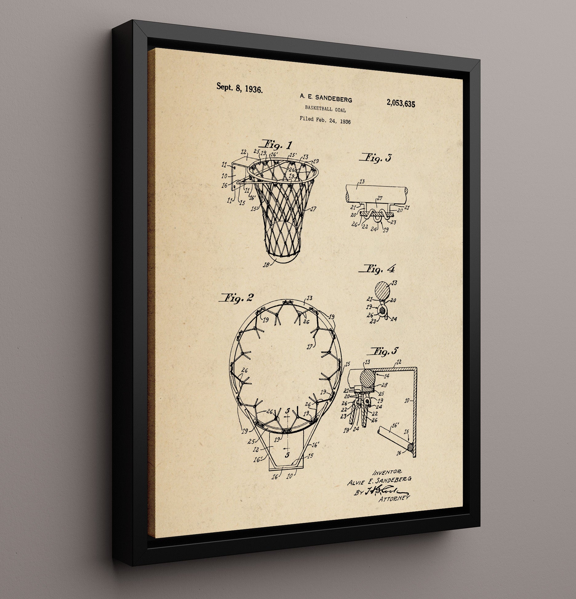 Patent Print - Basketball Goal - A E Sandeberg - 1936 - Patent 2053635 Patent Wall Art