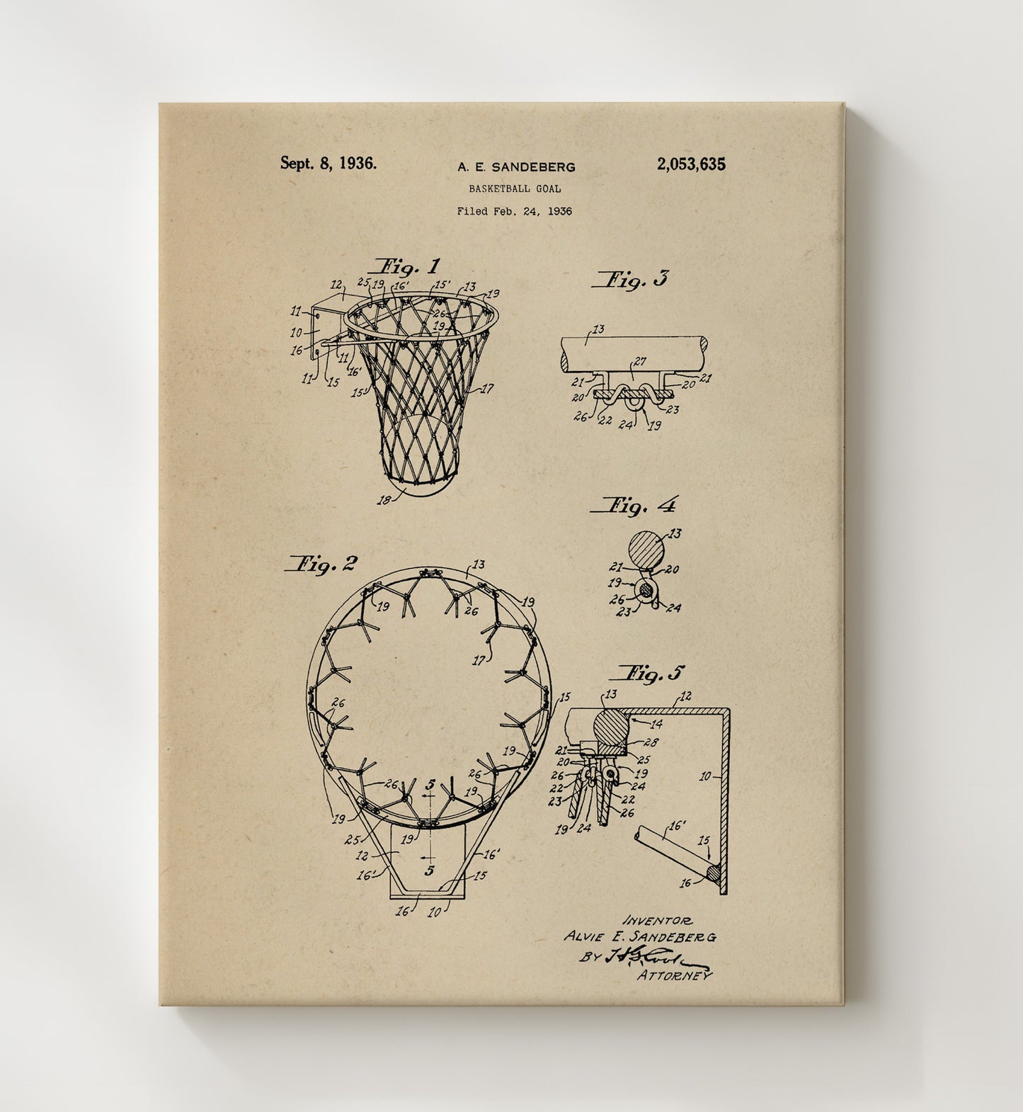 Patent Print - Basketball Goal - A E Sandeberg - 1936 - Patent 2053635 Patent Wall Art