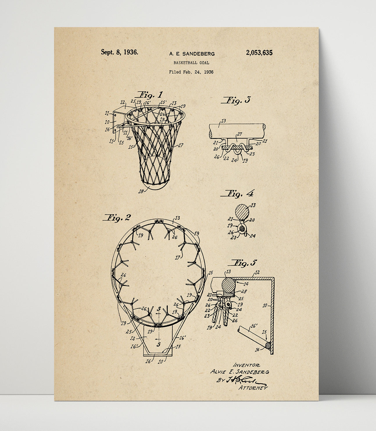 Patent Print - Basketball Goal - A E Sandeberg - 1936 - Patent 2053635 Patent Wall Art