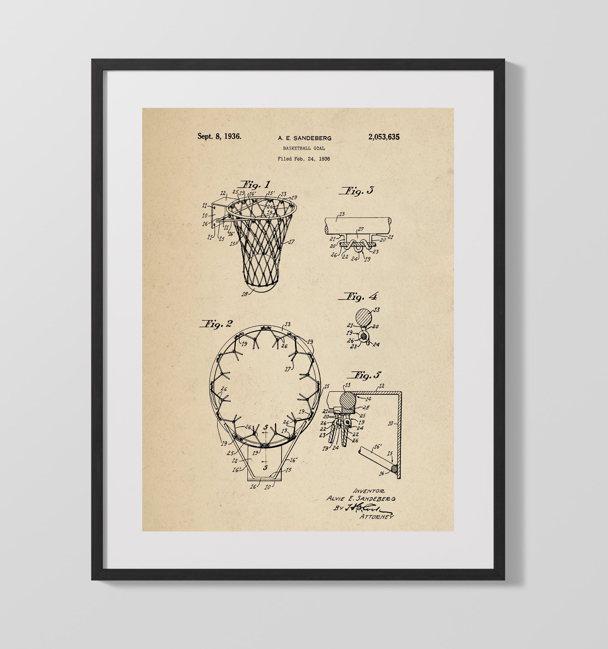 Patent Print - Basketball Goal - A E Sandeberg - 1936 - Patent 2053635 Patent Wall Art