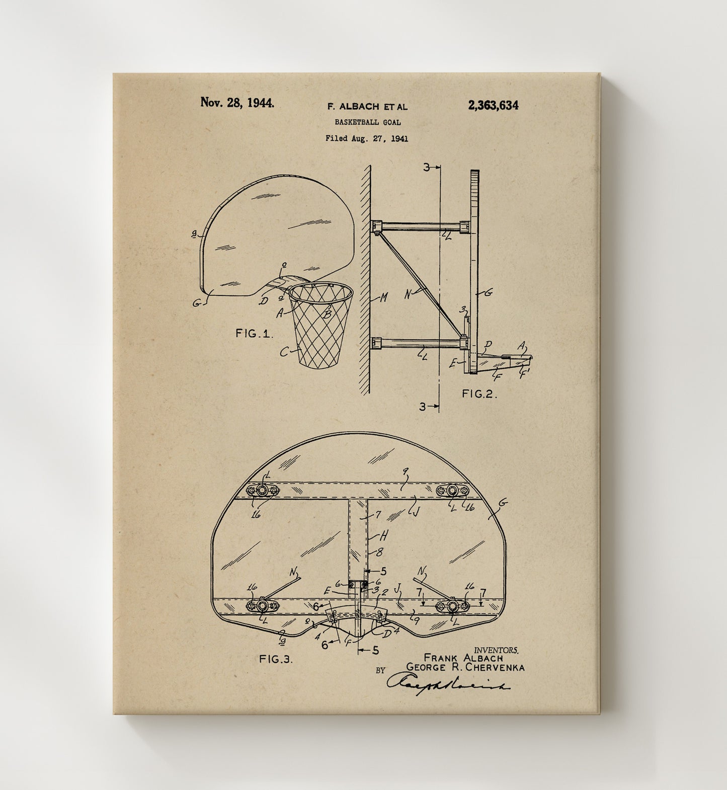 Patent Print - Basketball Goal - F Albach Et Al - 1944 - Patent 2363634 Patent Wall Art